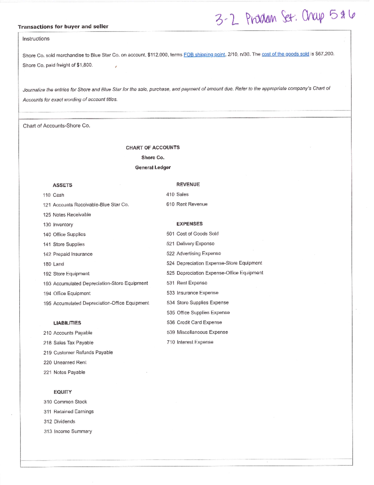 3-2 Problem Set-Chapters 5 & 6 - Problem Set: Chap Transactions For ...