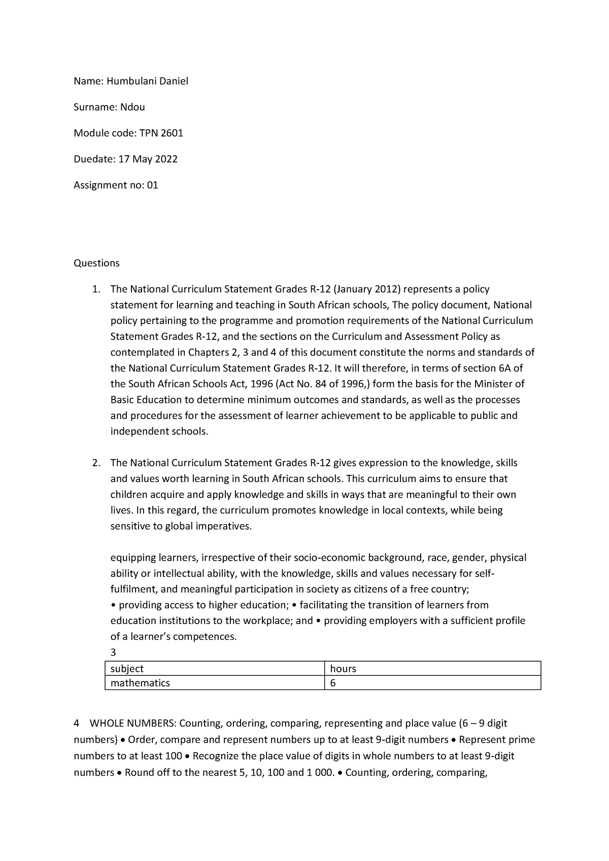 Tpn assin - TPN ASSIGNMENT - Name: Humbulani Daniel Surname: Ndou ...