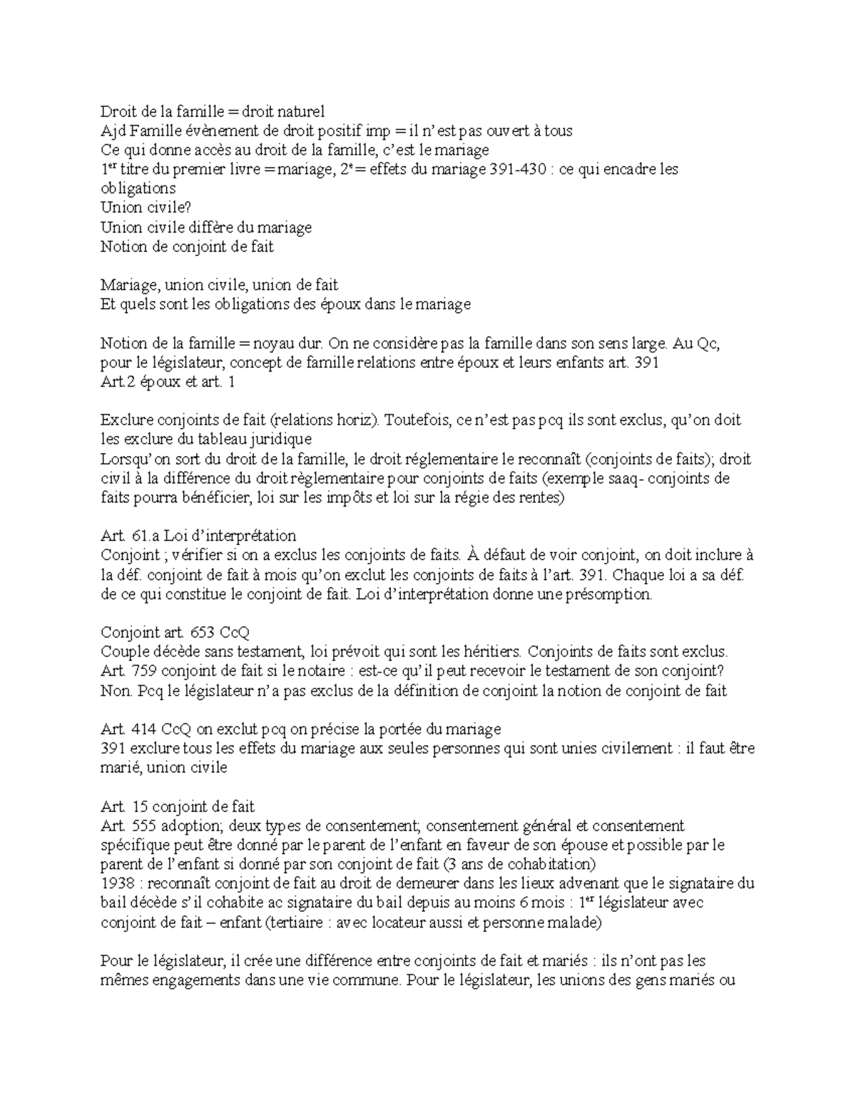 Cours 1 Lecture notes Droit de la famille = droit naturel Ajd Famille évènement de droit