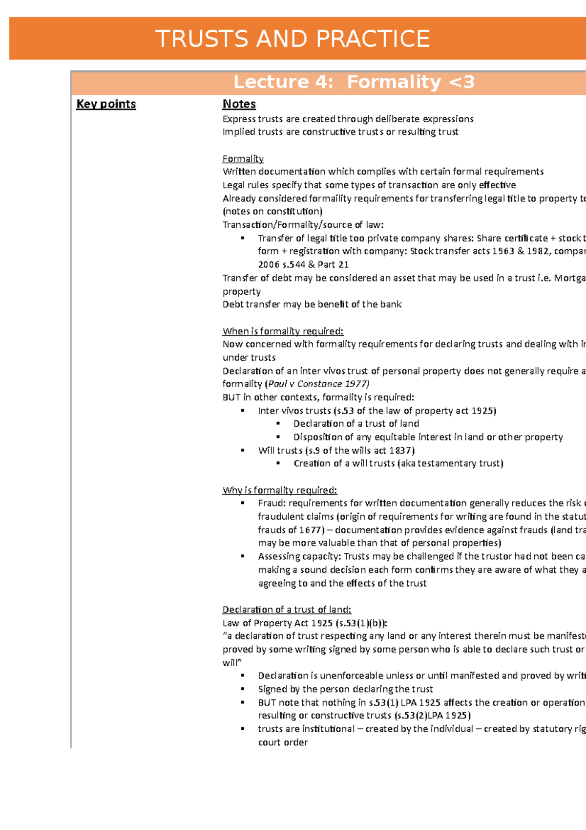 Trusts and Practice Express Trusts Formality - Lecture 4: Formality