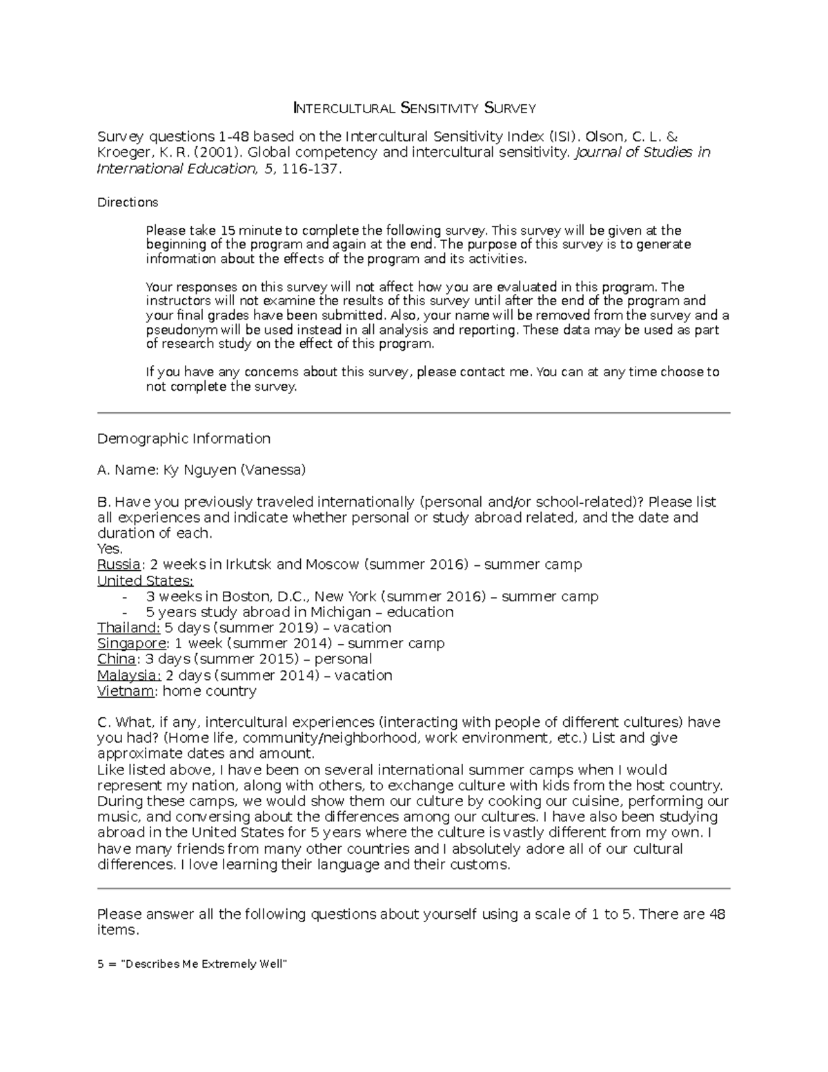 Cultural Sensitivity Survey - INTERCULTURAL SENSITIVITY SURVEY Survey ...