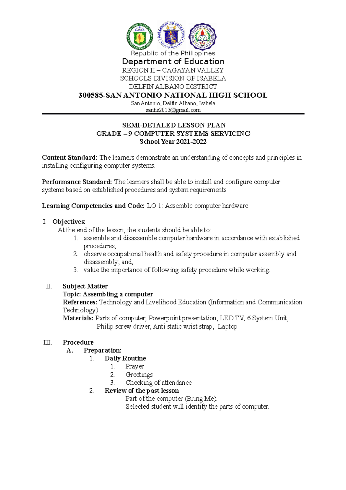 Semi-Detailed Lesson Plan - Republic Of The Philippines Department Of ...