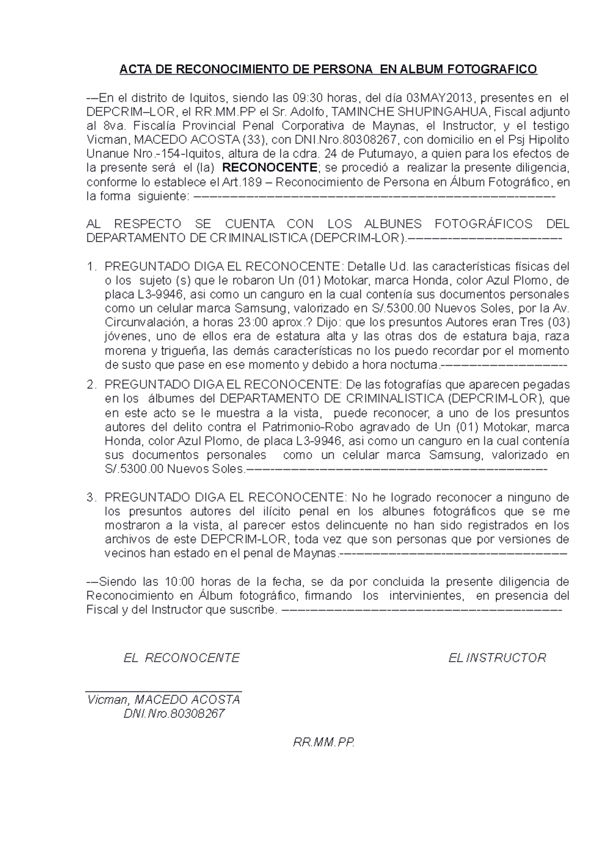 Actas DE Reconocimiento DE Persona EN Album Fotografico ACTA DE