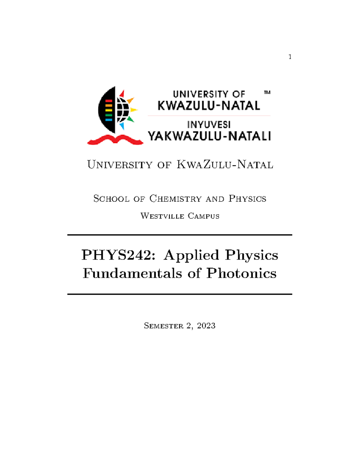 Phys242 Notes - 1 University of KwaZulu-Natal School of Chemistry and ...