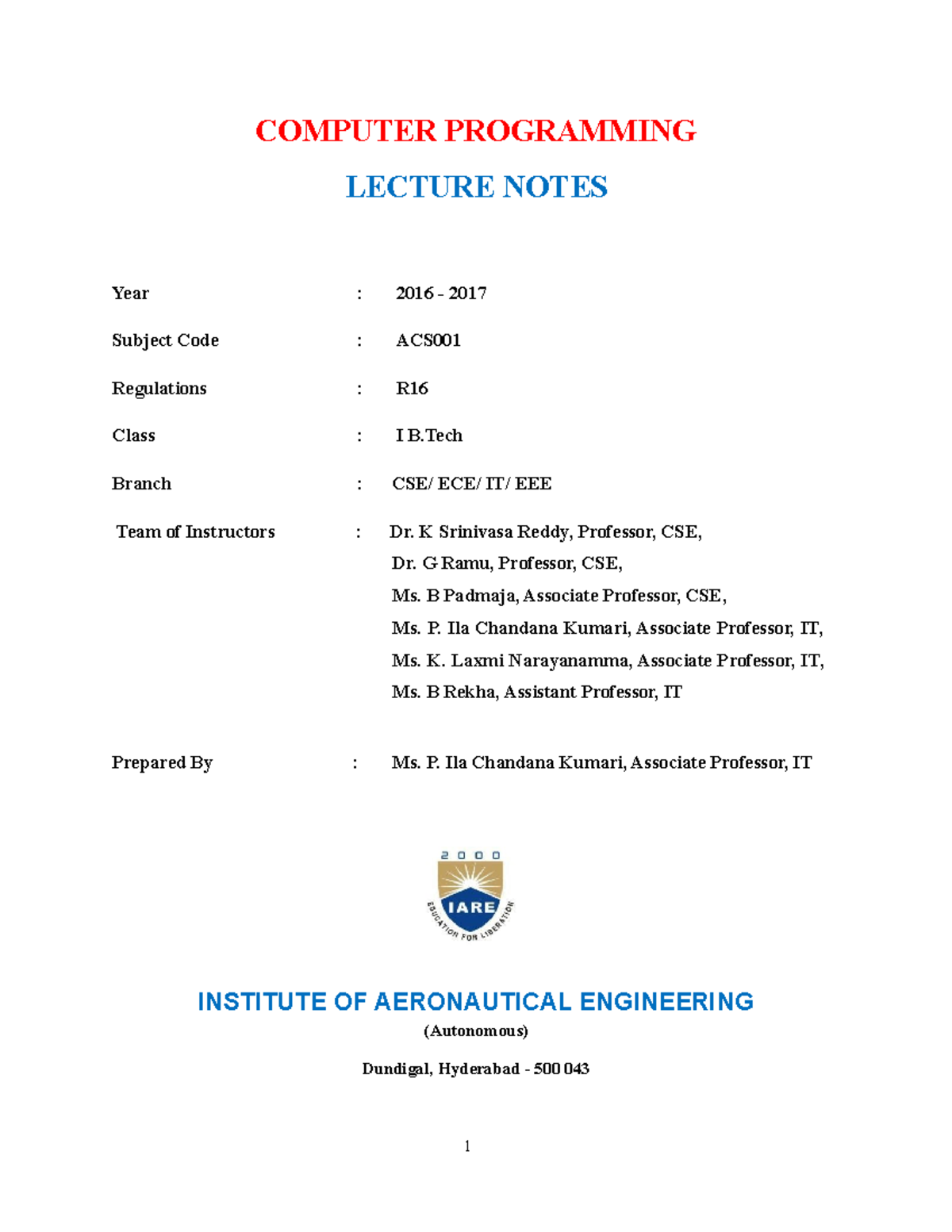 Computer- Lecture-converted - 1 COMPUTER PROGRAMMING LECTURE NOTES Year ...