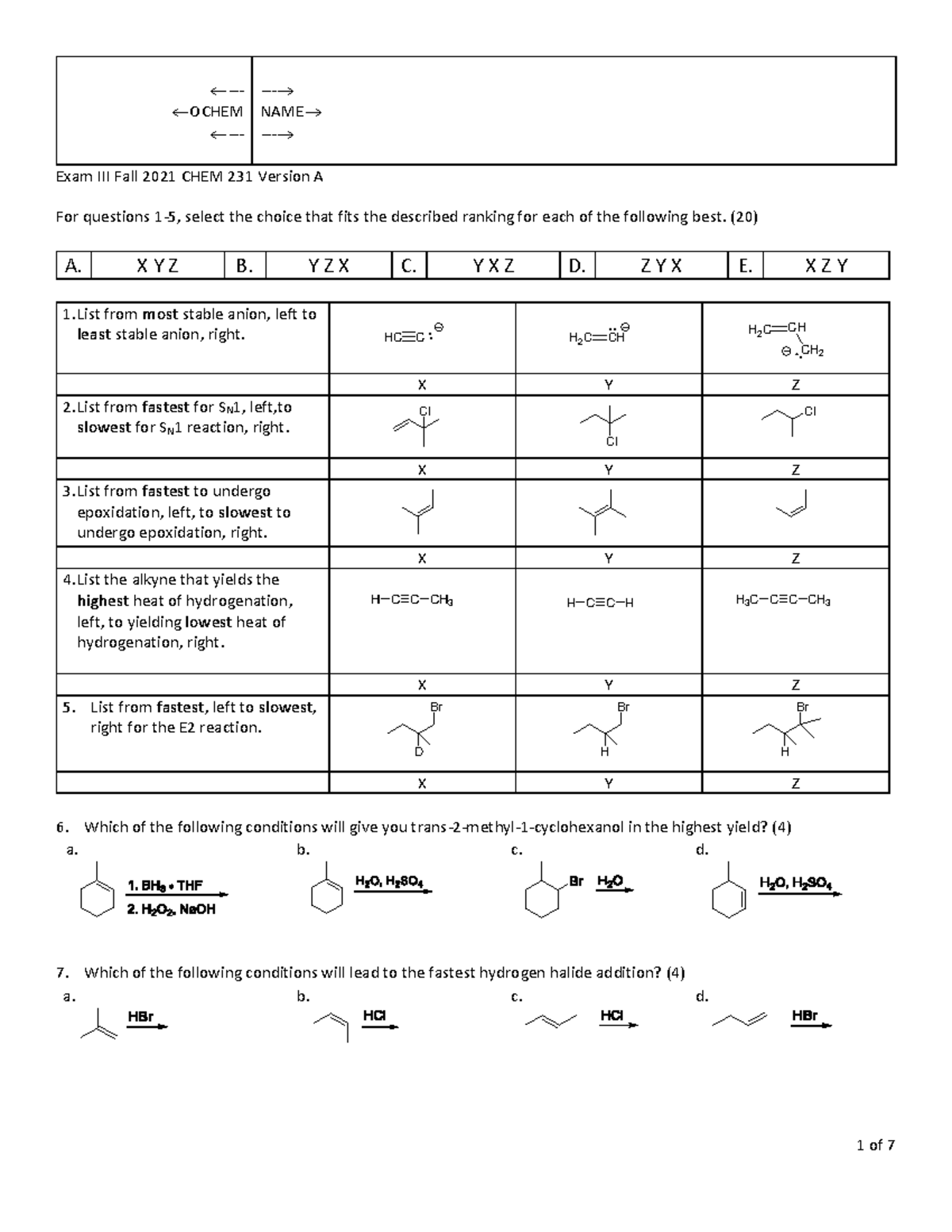 Fall 2021 exam III Practise - - OCHEM -→ NAME→ -→ Exam III Fall 2021 ...