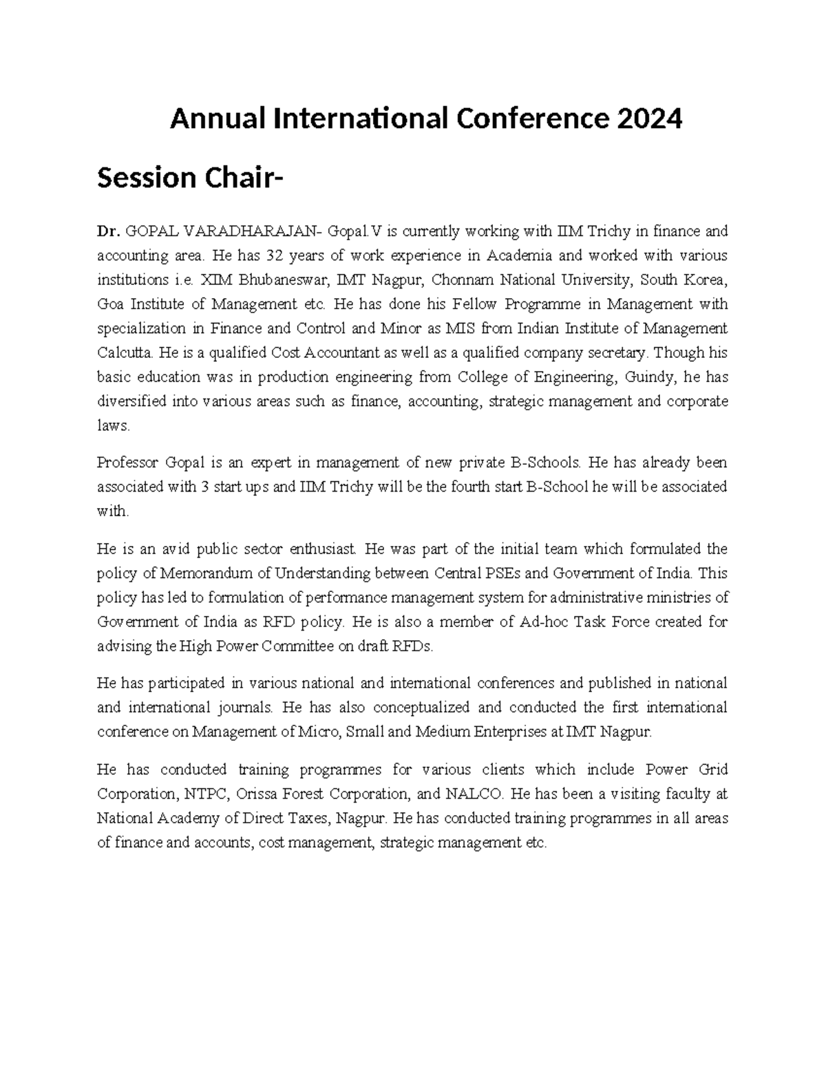 Annual International Conference 2024 session chair Annual