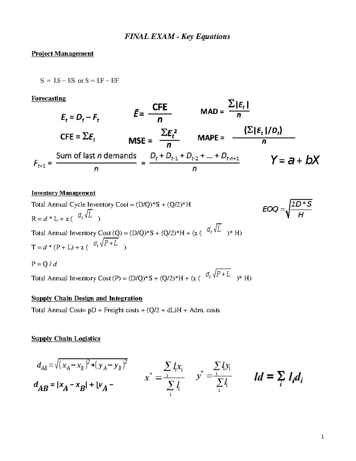 Final Exam Formula Sheet Studocu