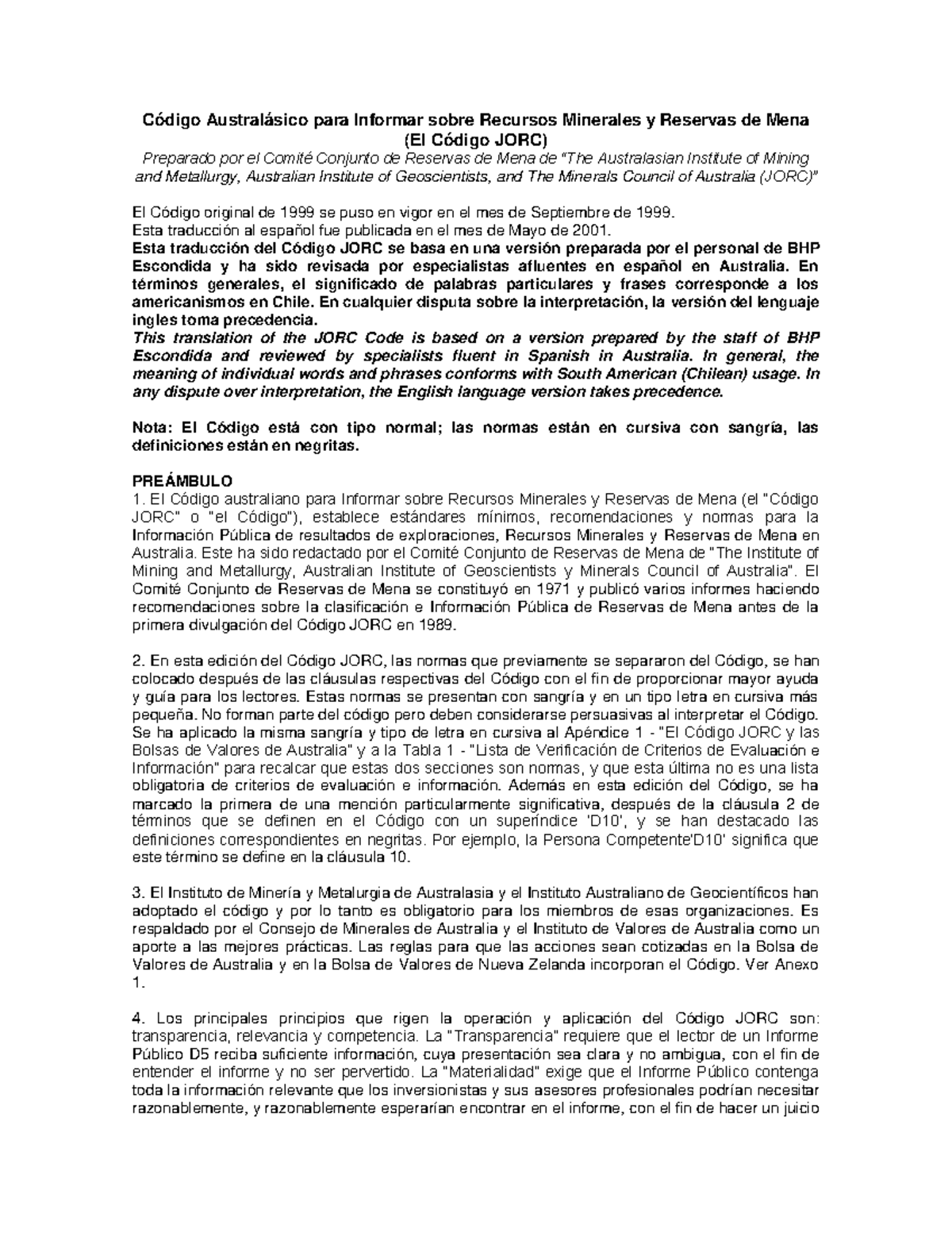 Australásico-spanish Codigo JORC - Código Australásico para Informar ...