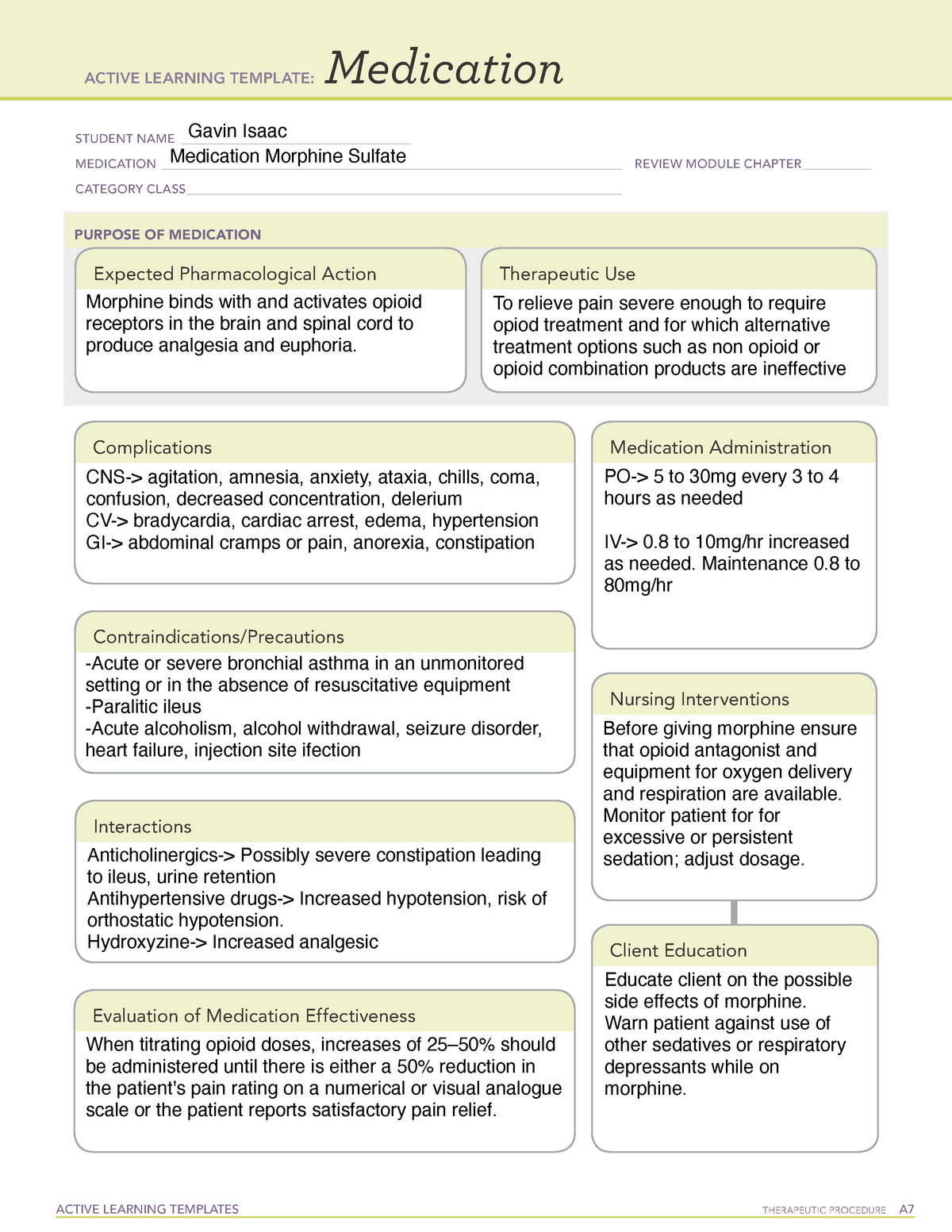 Medication Morphine Active Learning Template ACTIVE LEARNING