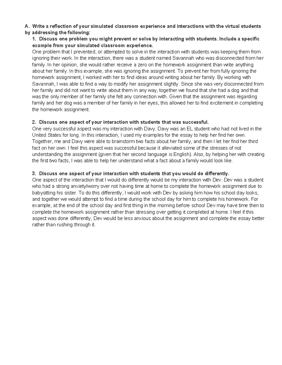 Mursion Task 3 D170 - A. Write a reflection of your simulated classroom ...