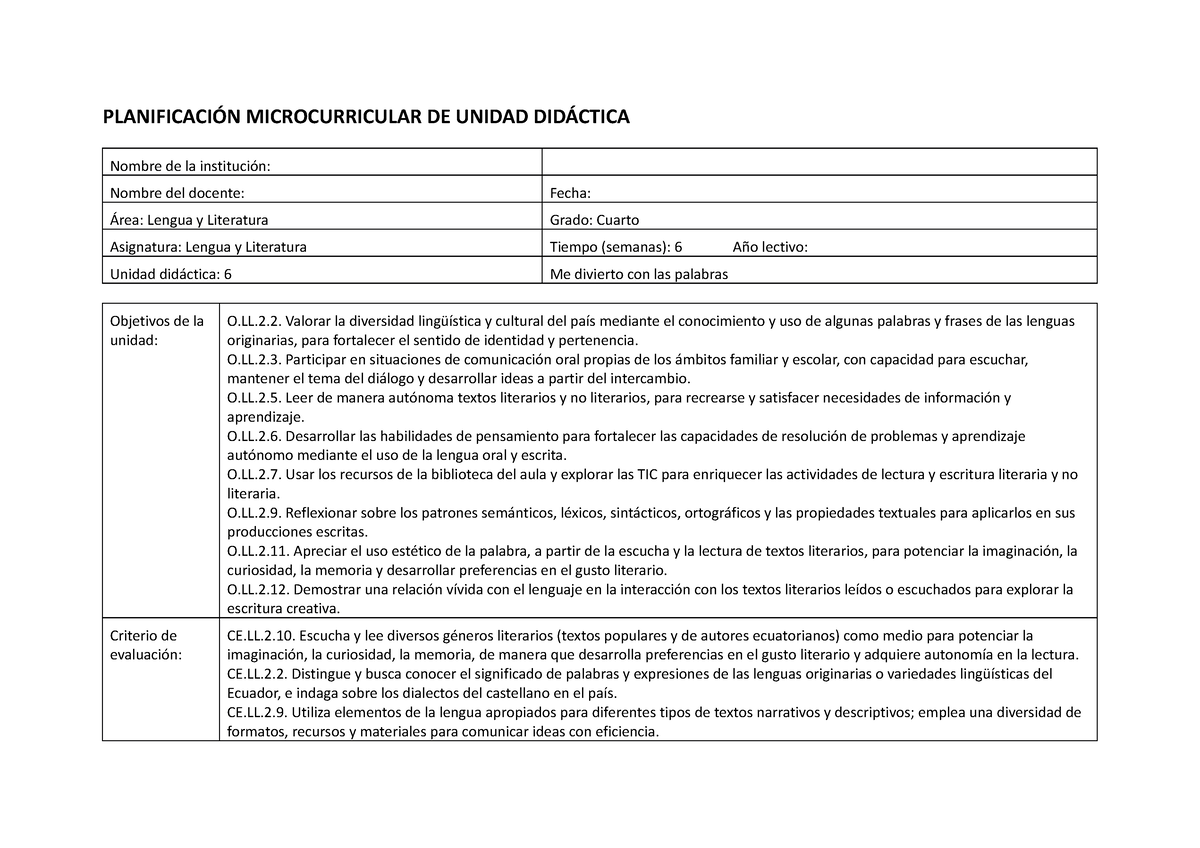 Lenguaje 4to Basica Unidad 6 PlanificaciÓn Microcurricular De Unidad DidÁctica Nombre De La 2259