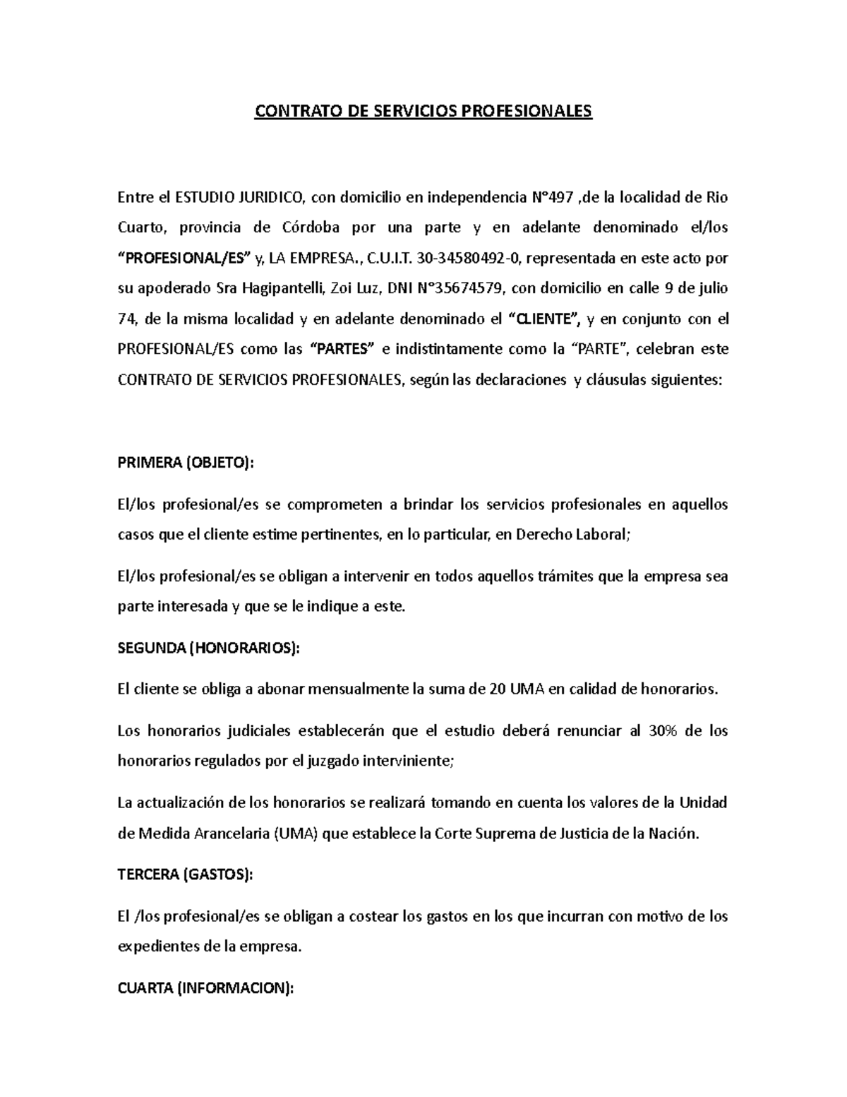 Contrato De Servicios Profesionales Contrato De Servicios Profesionales Entre El Estudio