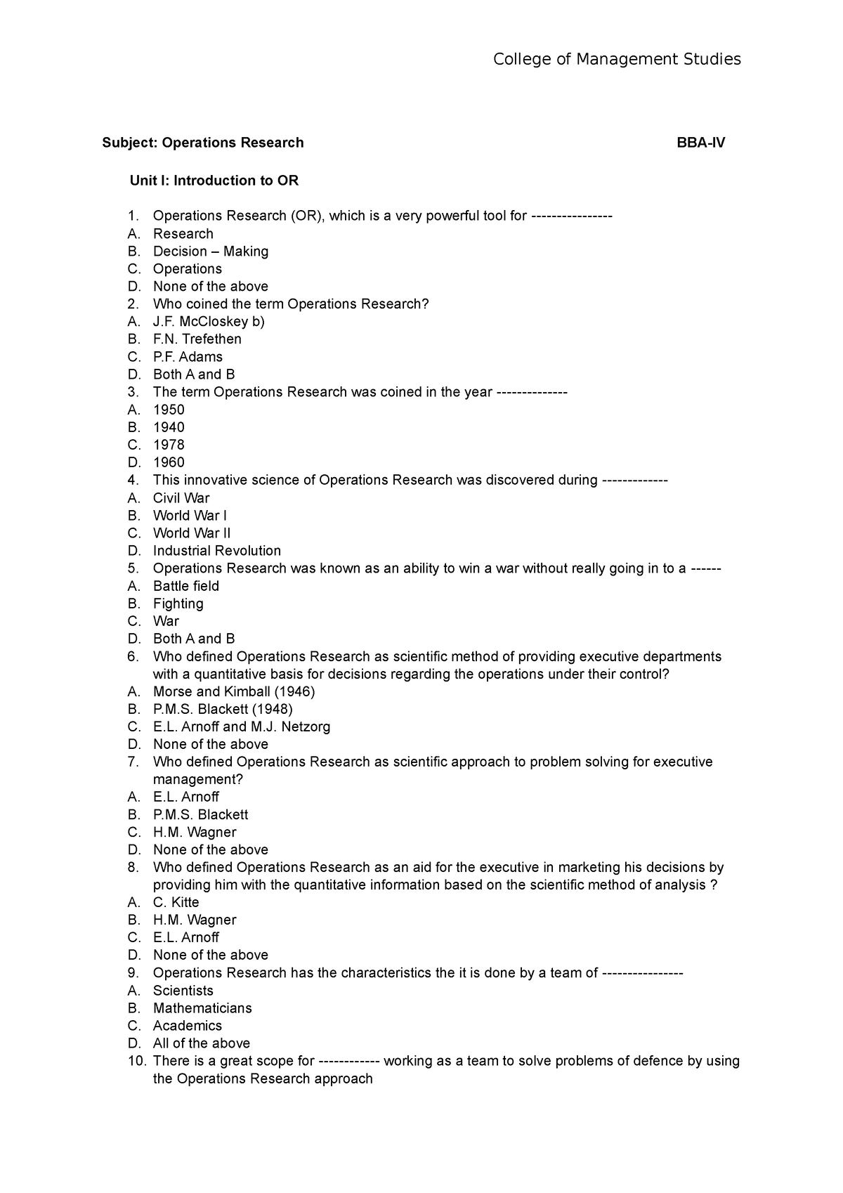 Question Bank BBA - Subject: Operations Research BBA-IV Unit I ...