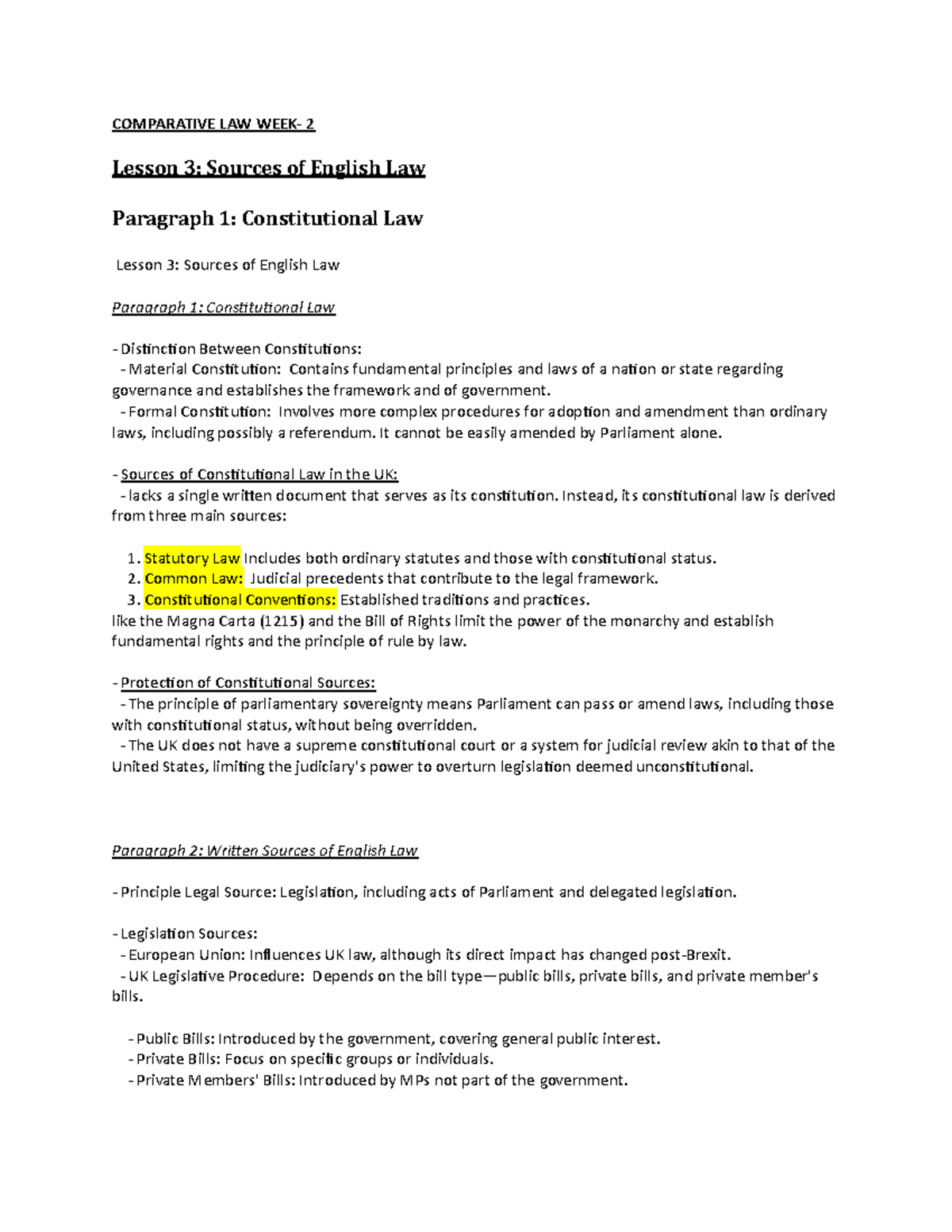 Week 2 notes pdf - Note du cours - COMPARATIVE LAW WEEK- 2 Lesson 3 ...