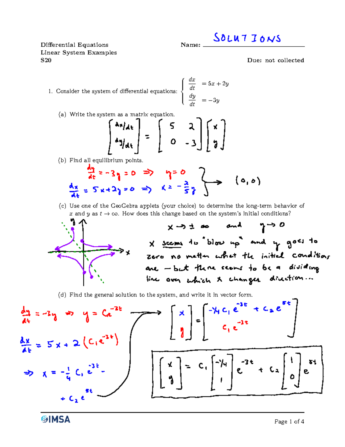 04-w1 Linear System Examples Solutions - Differential Equations Name ...