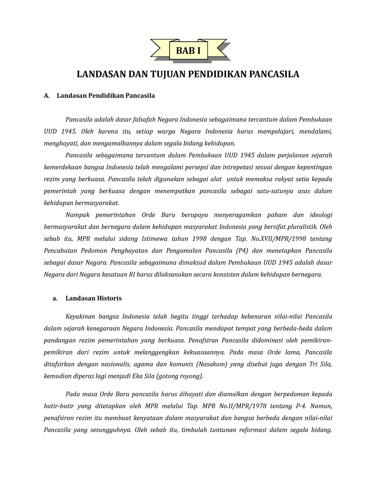 (Pertemuan I ) Landasan Dan Tujuan Pendidikan Pancasila - BAB I ...