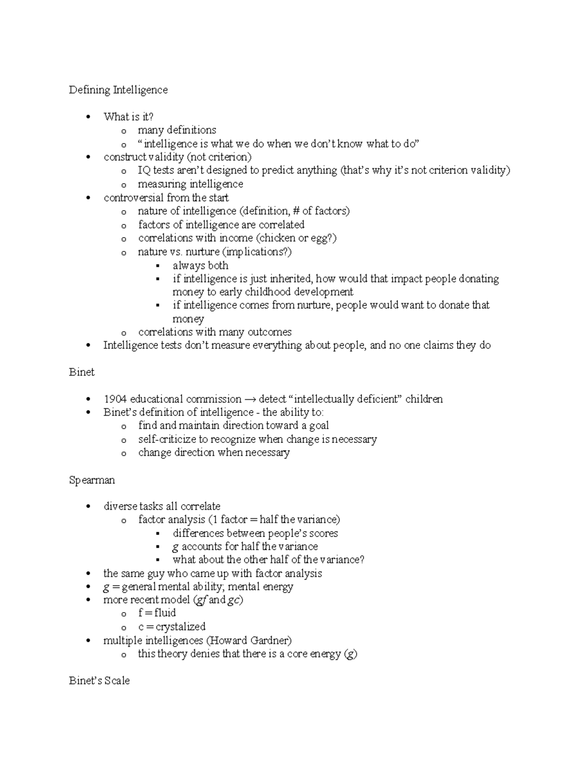 Intelligence Testing - class notes - Defining Intelligence What is it ...