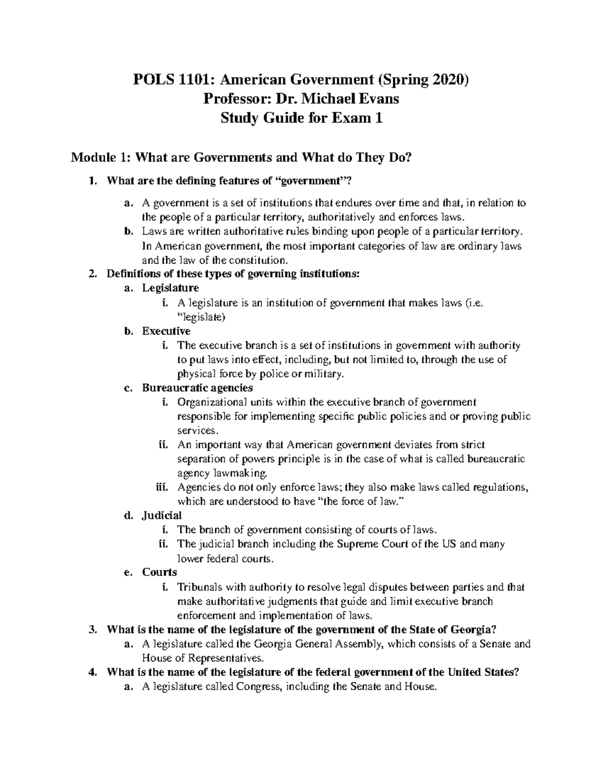 POLS 1101 Study Guide For Exam 1 - POLS 1101: American Government ...