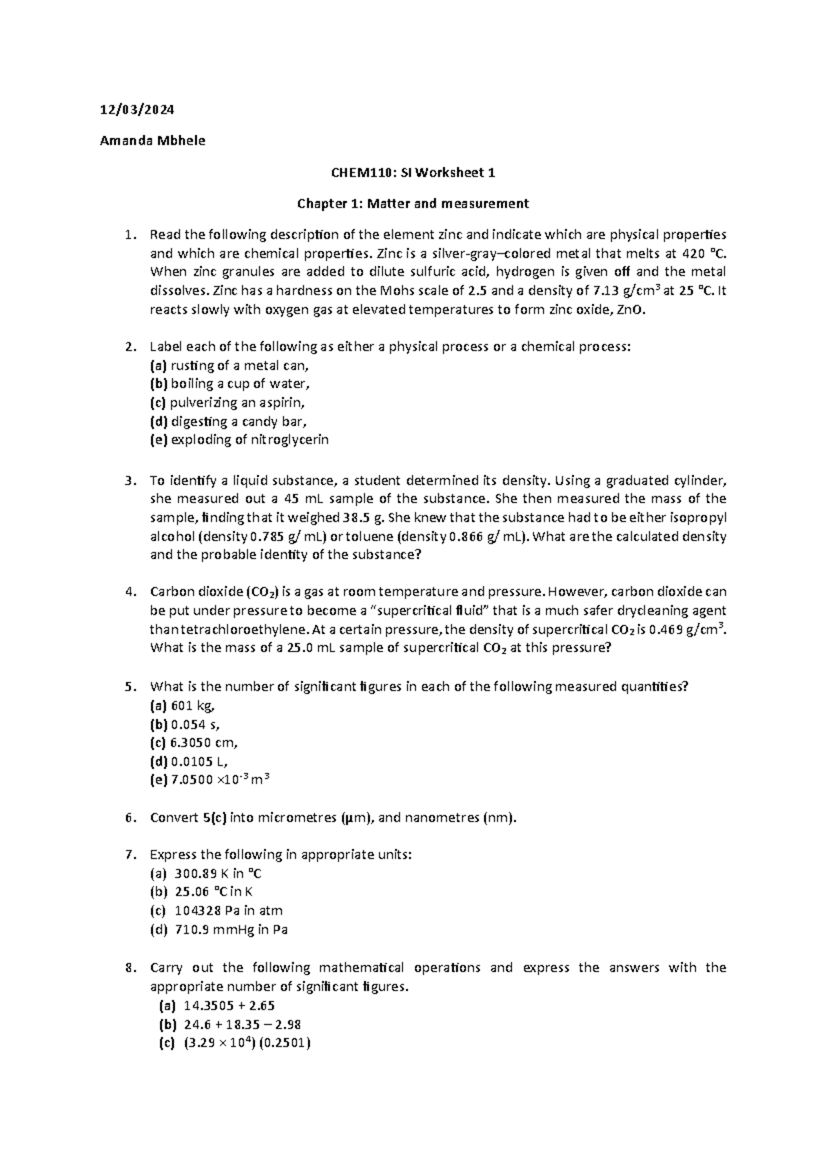 CHEM110 SI Worksheet - 12/03/ Amanda Mbhele CHEM110: SI Worksheet 1 ...