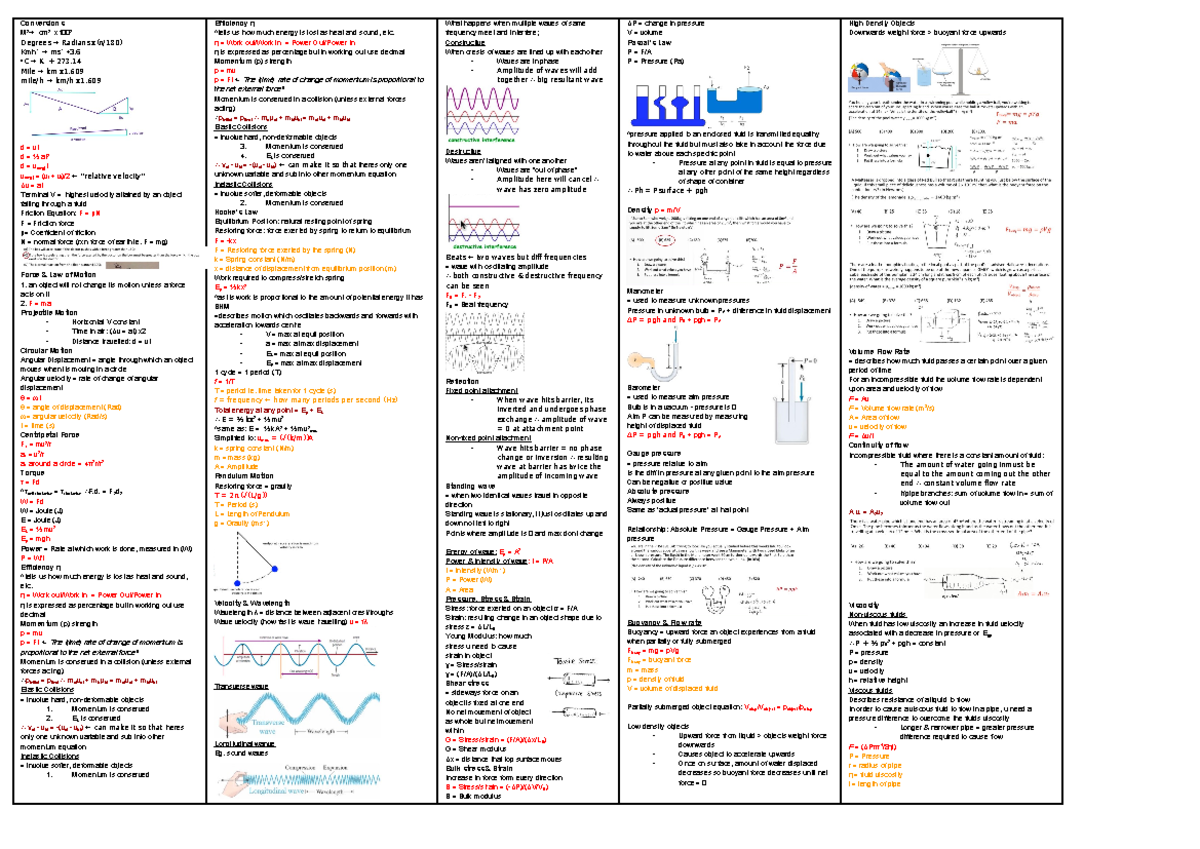 Physics cheat sheet - Conversions M 2 → cm 2 x100 2 Degrees → Radians x ...