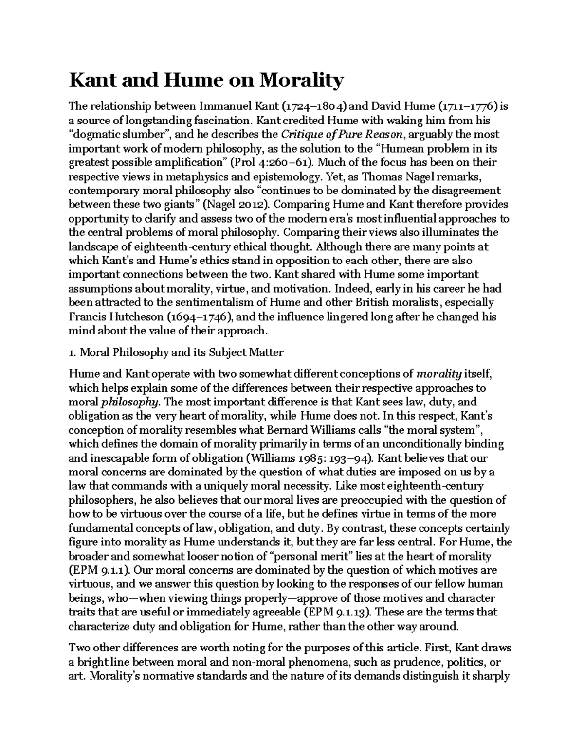 Lecture in Kant and Hume on Morality Kant and Hume on Morality The