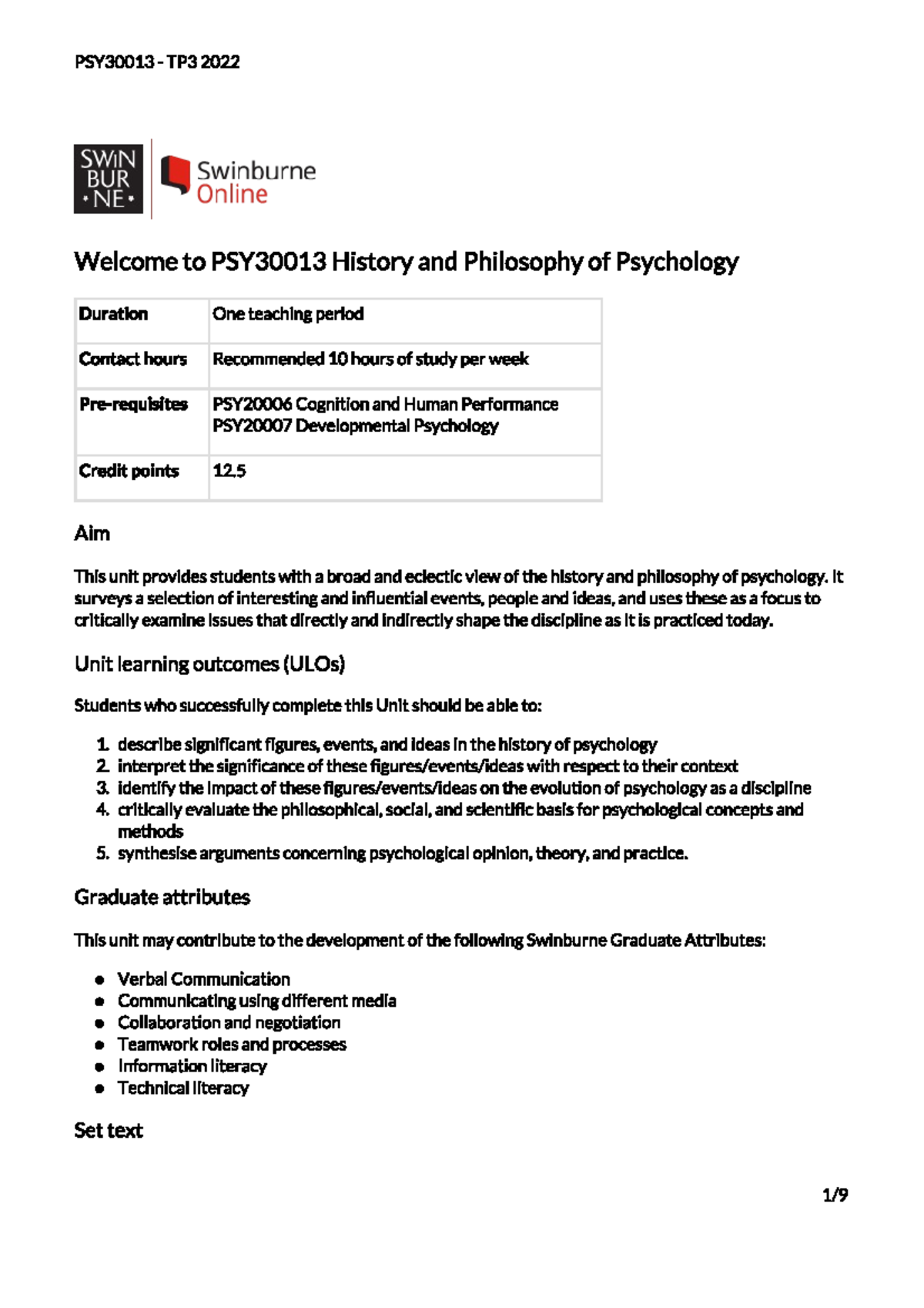 PSY30013 TP3 2022 Sol - Unit Outline - PSY30013 - Studocu