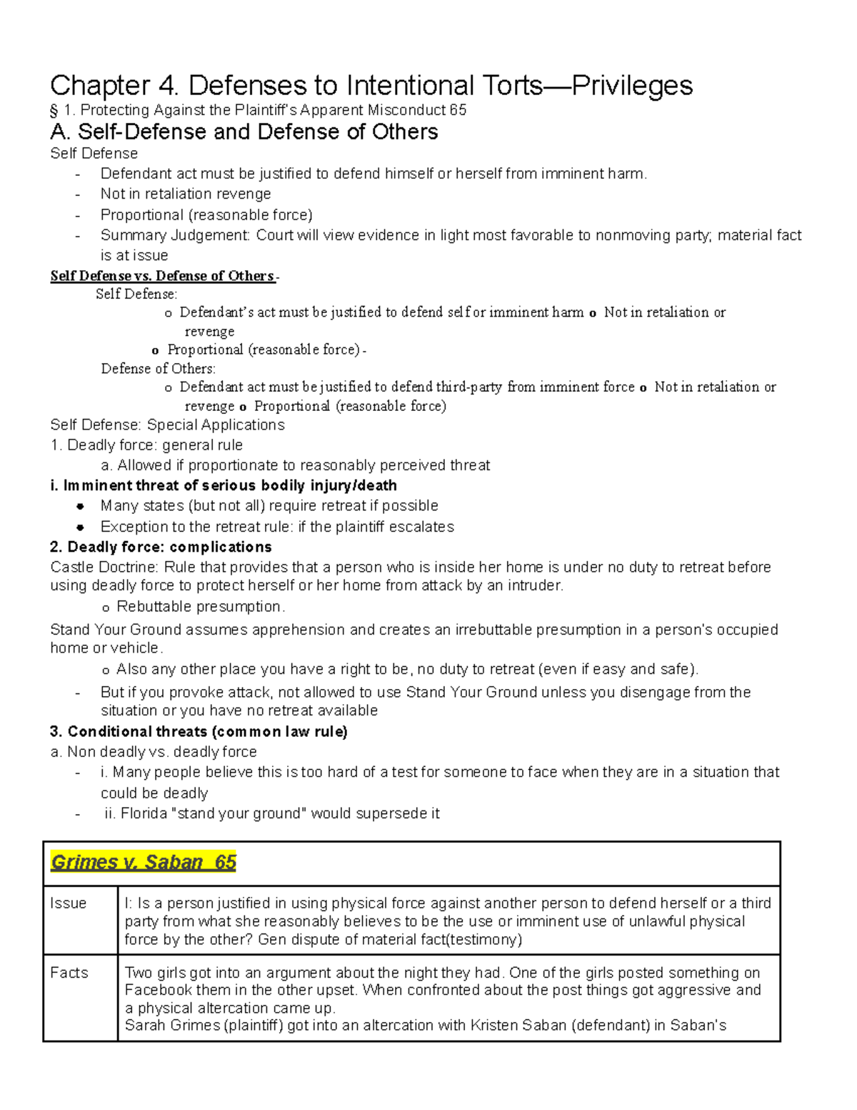 Torts notes defenses - Chapter 4. Defenses to Intentional Torts ...