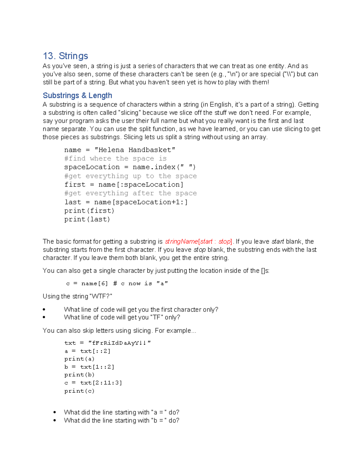 13 Strings - Chapter 13 practice problem activity - 13. Strings As you ...