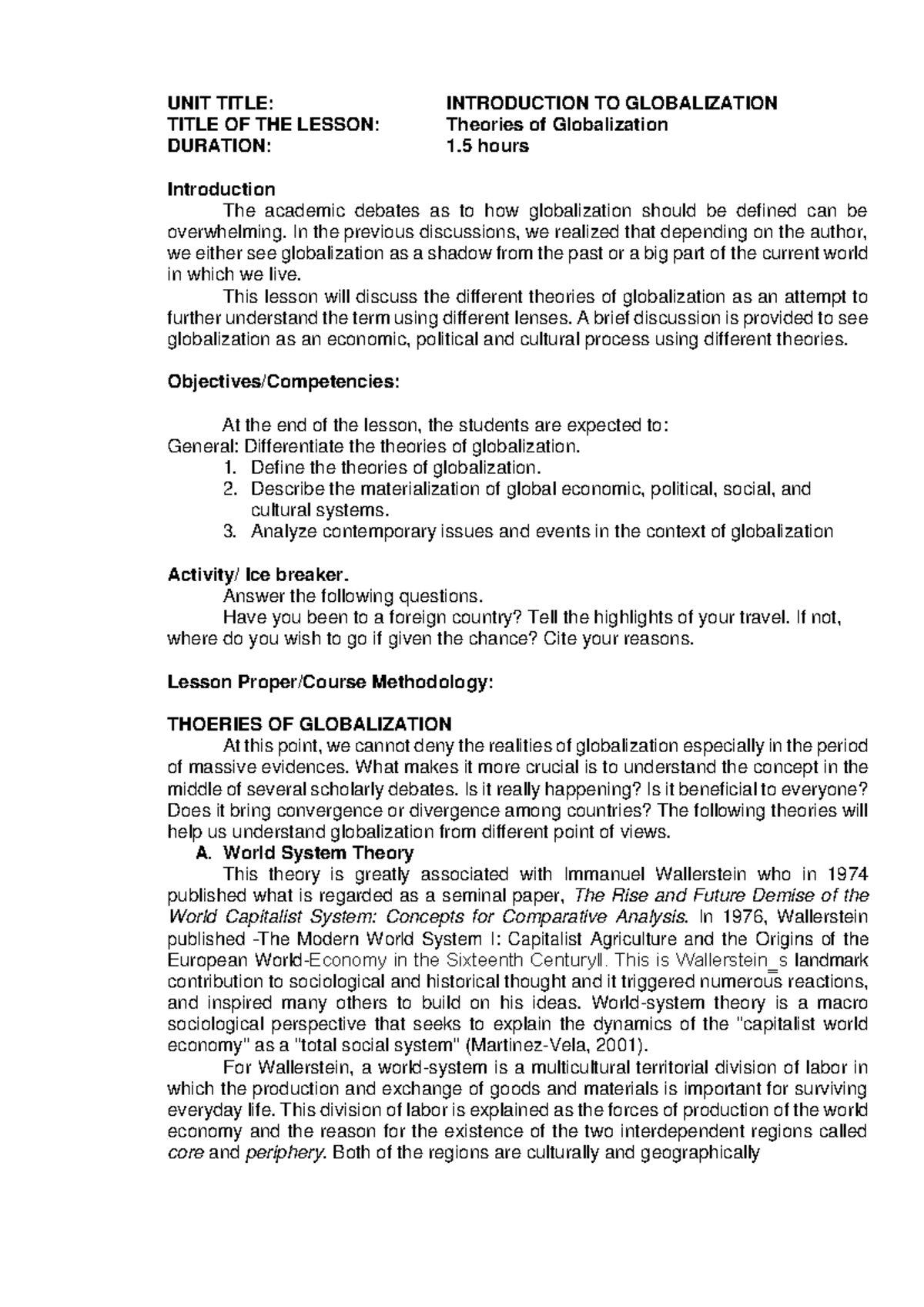 Globalization and Theories of Globalization: LECTURE - UNIT TITLE ...