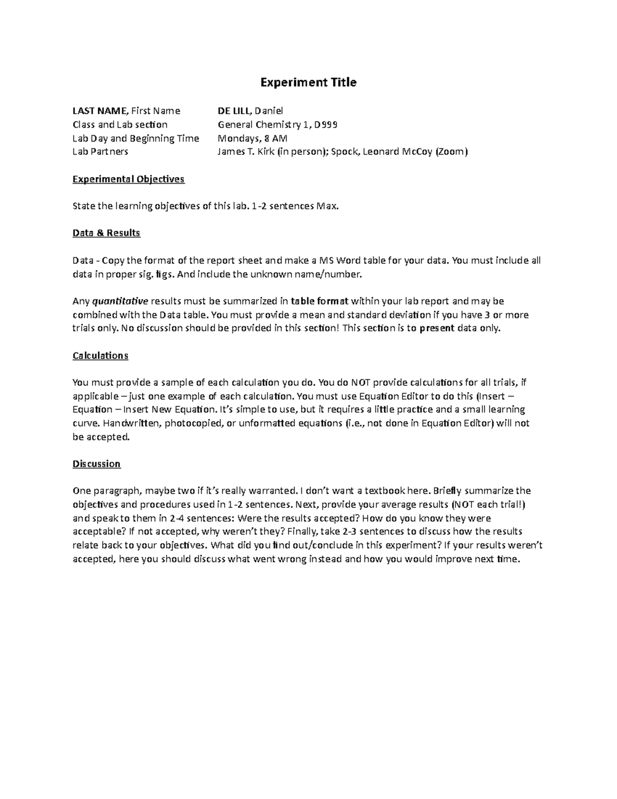 Results Only Lab Report Template - Experiment Title LAST NAME , First ...