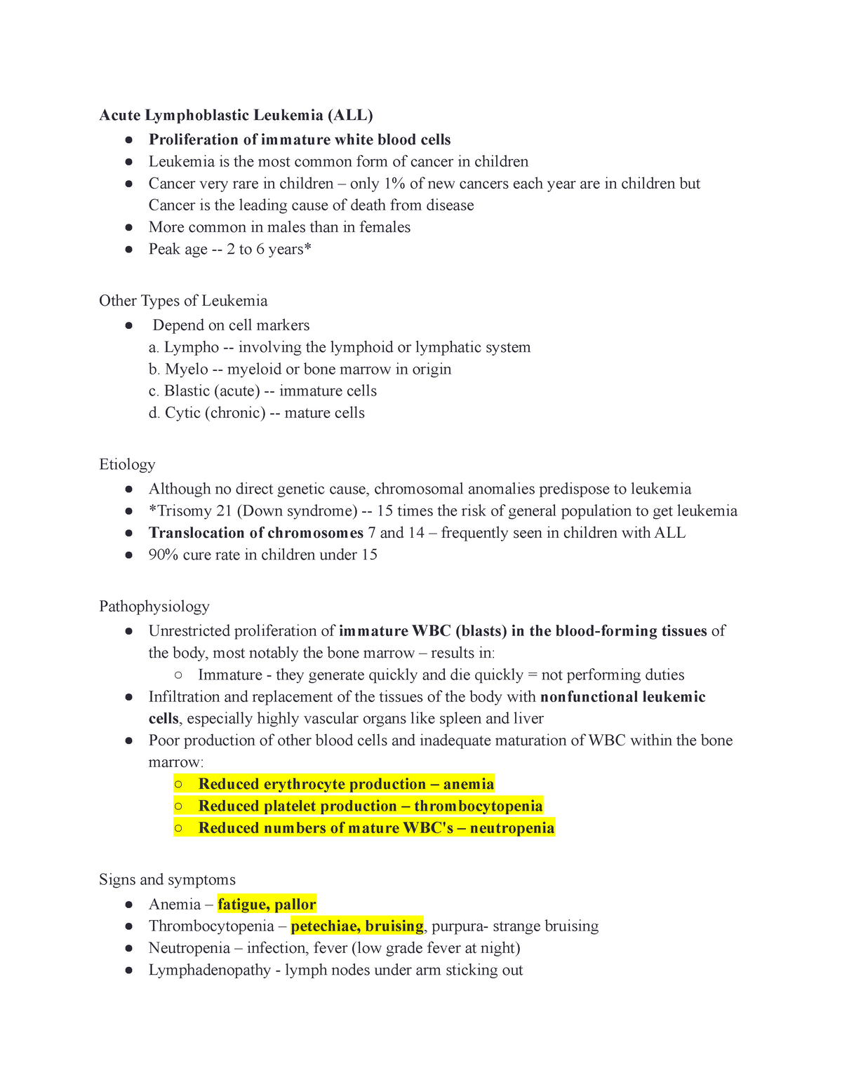 Notes W 4 - Acute Lymphoblastic Leukemia (ALL) - Acute Lymphoblastic ...