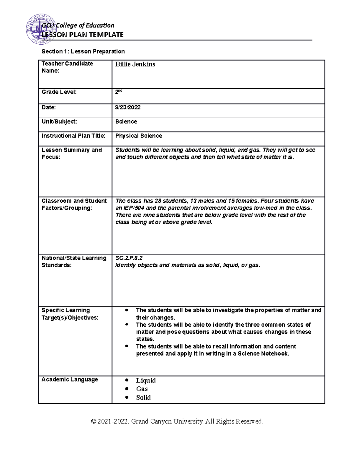 Science Lesson Plan - 38.6/40 - LESSON PLAN TEMPLATE Section 1: Lesson ...