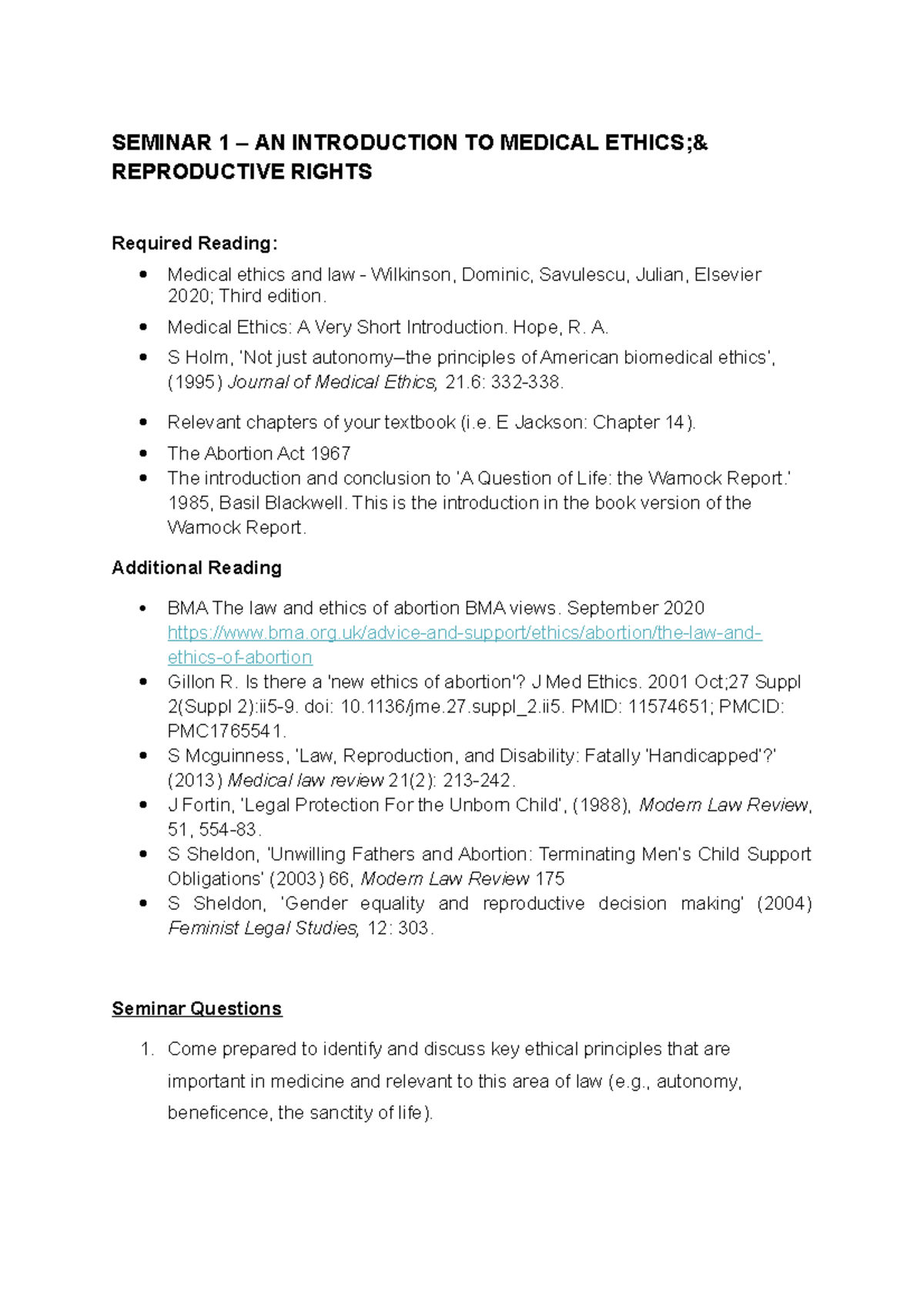 Seminar 1 - SEMINAR 1 – AN INTRODUCTION TO MEDICAL ETHICS ...