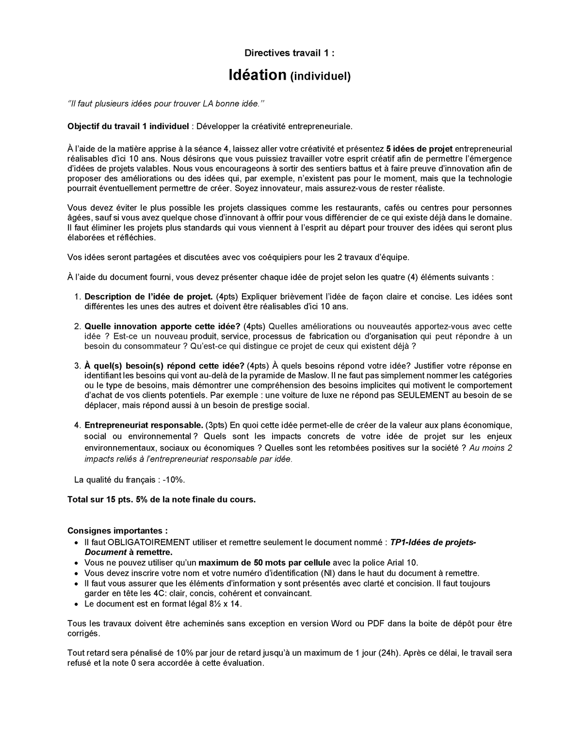 Directives TP1 Idéation 2024 Directives travail 1 Idéation