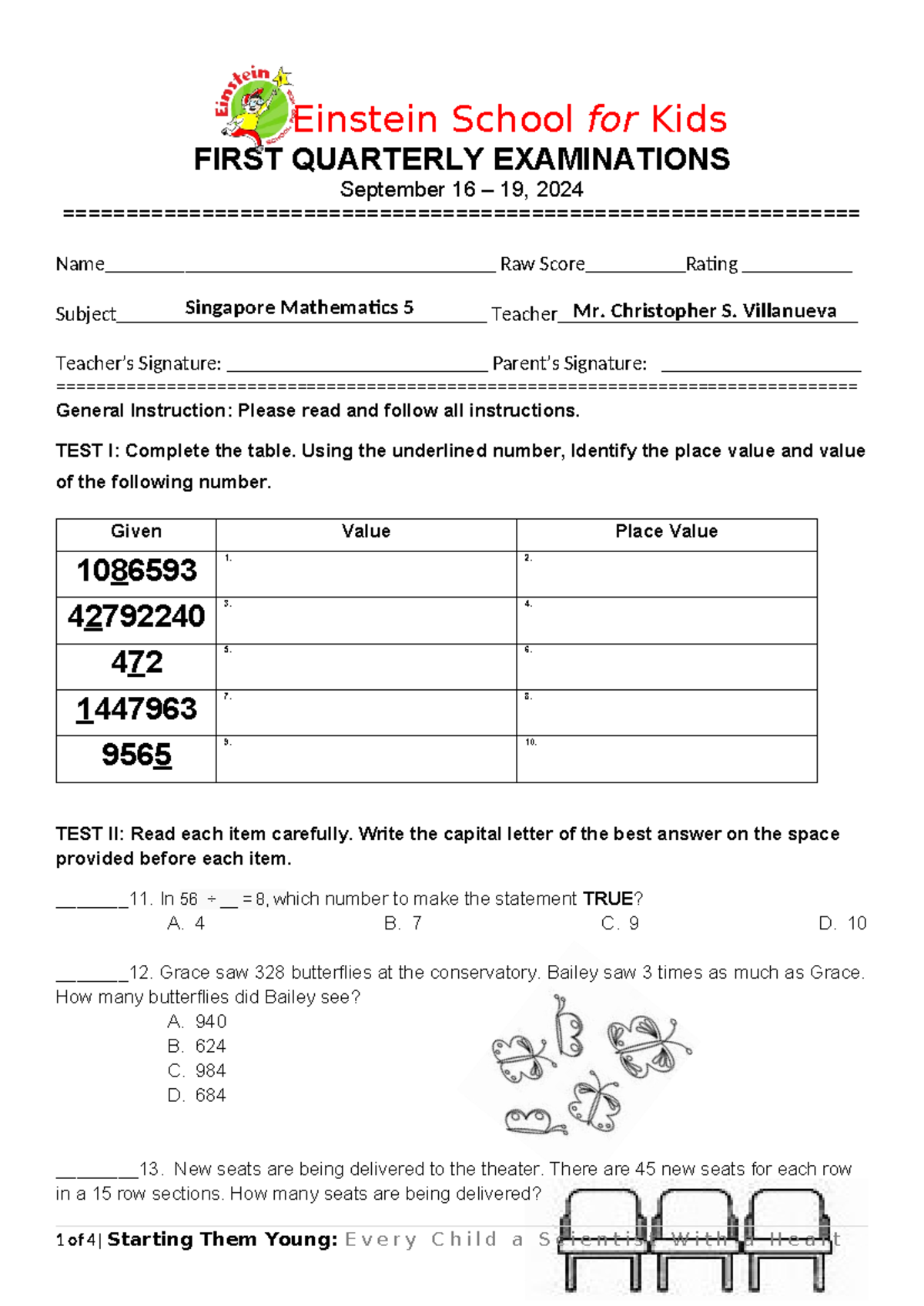 Mathematics 5 - Easy kind of test - Einstein School for Kids FIRST ...