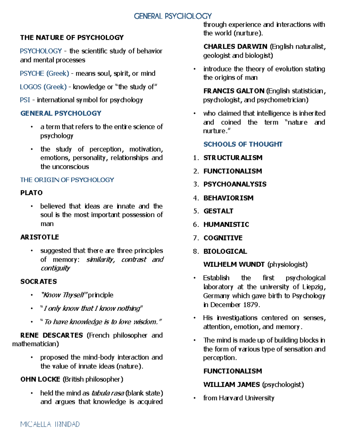 General Psychology Summary THE NATURE OF PSYCHOLOGY GENERAL