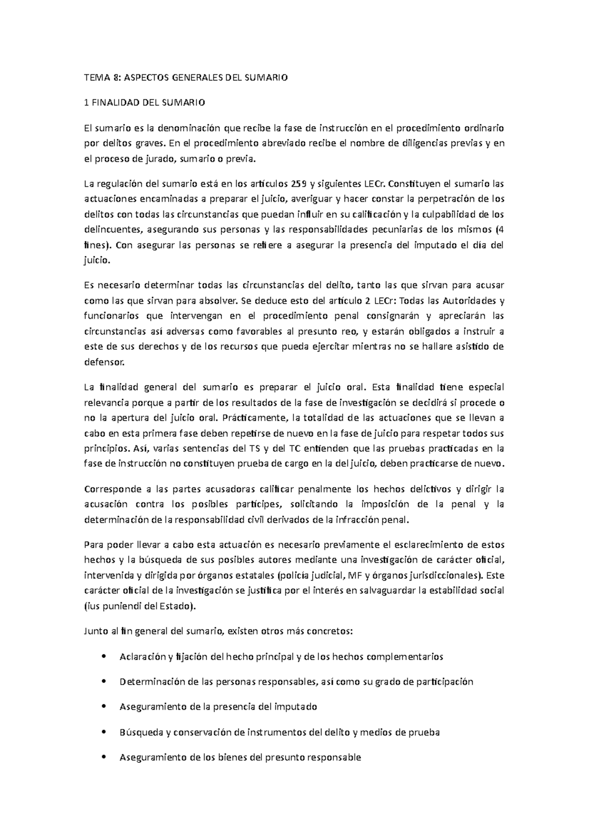 Tema 8 Derecho Procesal III - TEMA 8: ASPECTOS GENERALES DEL SUMARIO 1 ...