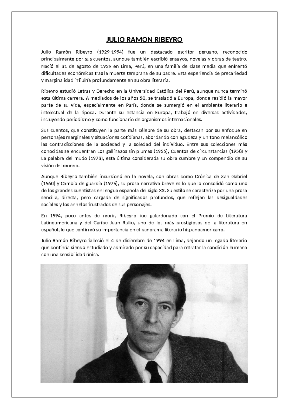 Julio Ramon Ribeyro - AUTOR PERUANO - JULIO RAMON RIBEYRO Julio Ramón ...