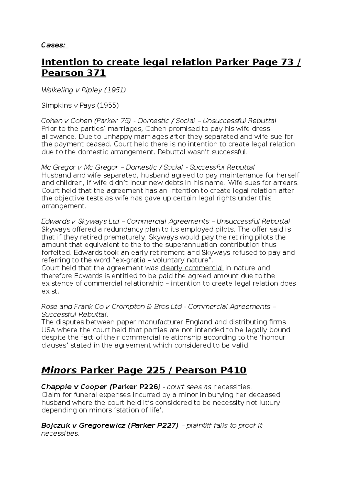 Case Law Summary Business law Cases Intention to create legal