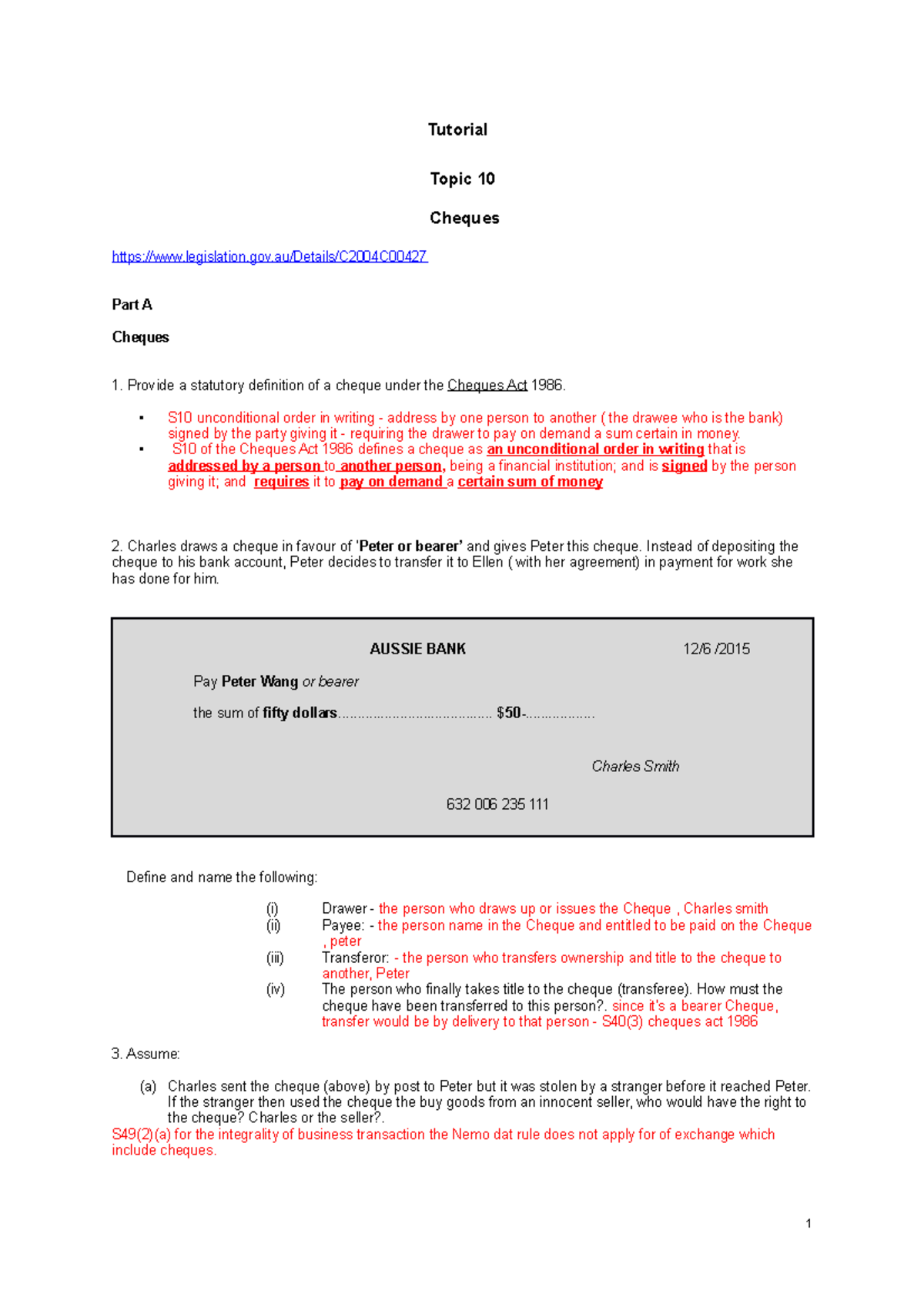 Tutorial 10 - Cheques (1) - Tutorial Topic 10 Cheques legislation.gov ...