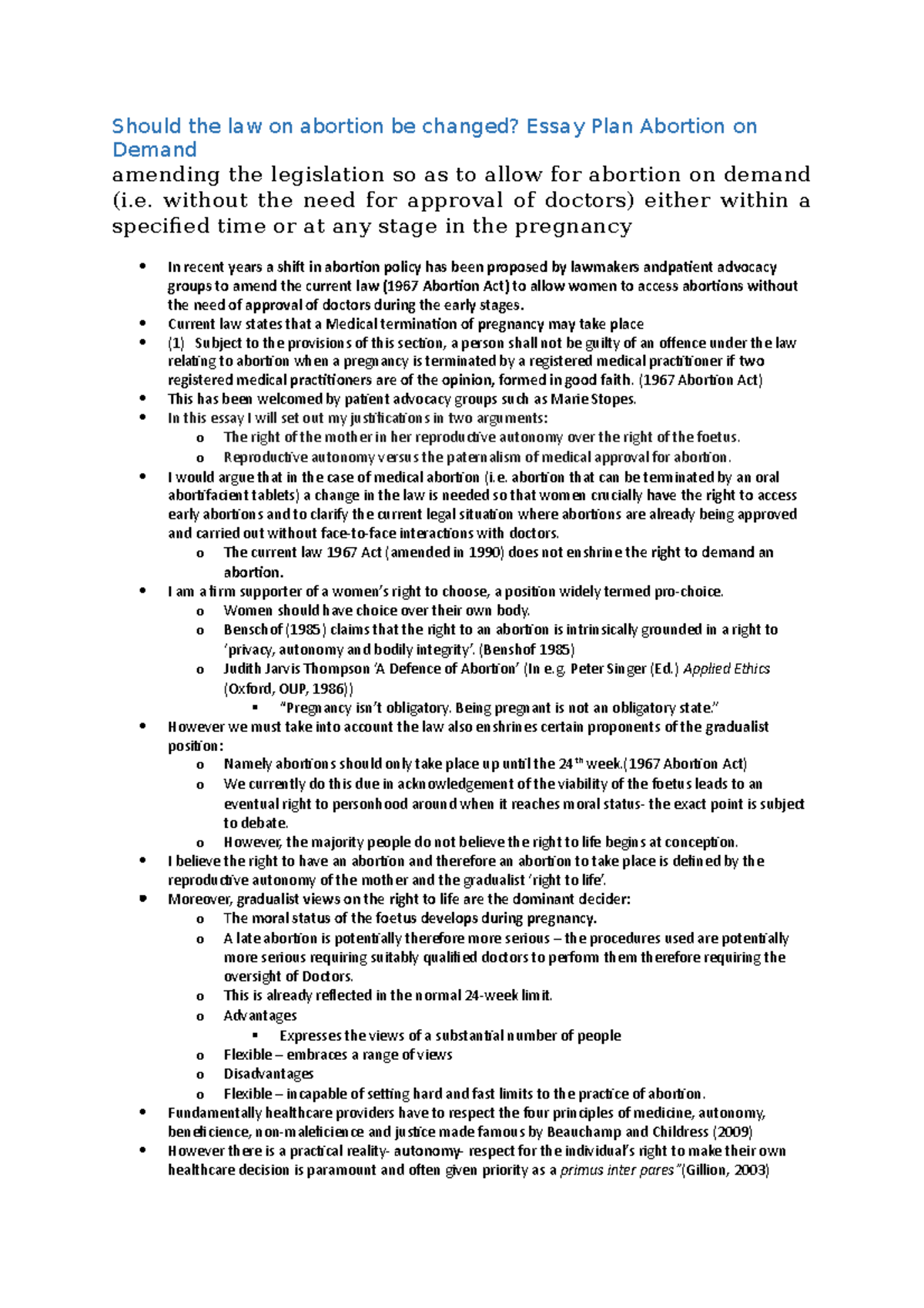 Abortion essay plan - Grade: 85/100 - Should the law on abortion be ...