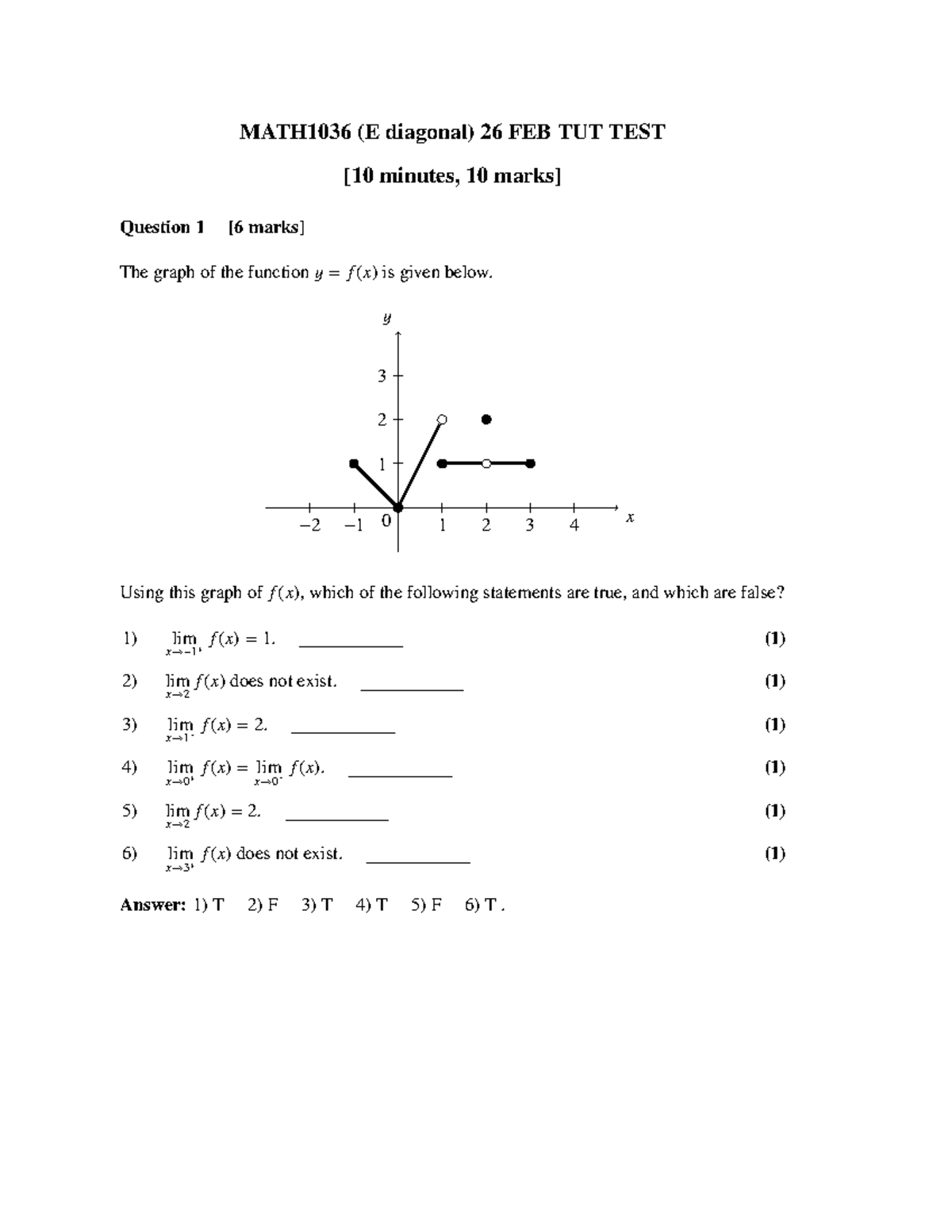 MATH1036E Feb2020 - MATH1036 (E diagonal) 26 FEB TUT TEST [10 minutes ...