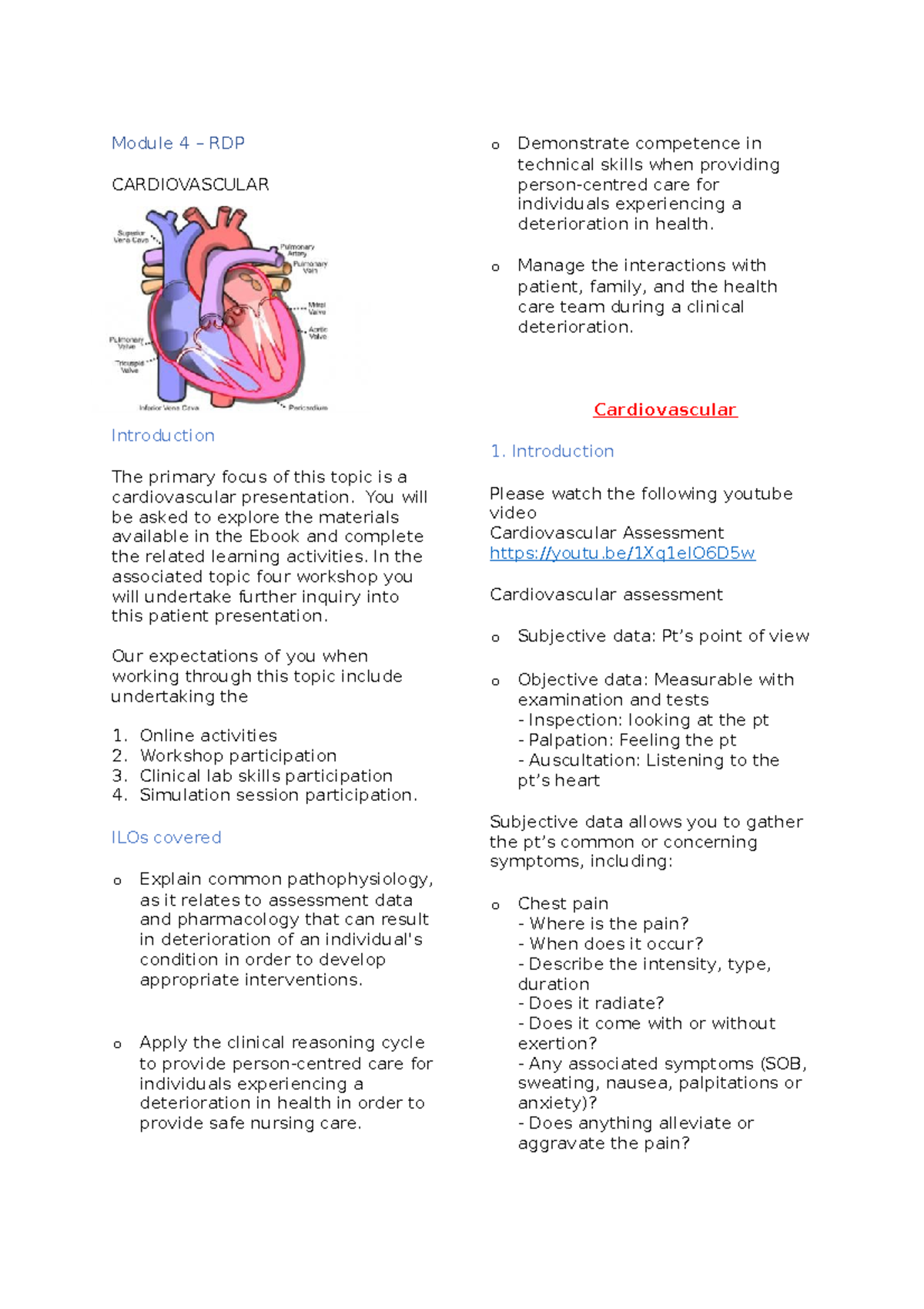 Mod4 Cardiovascular notes - Module 4 – RDP CARDIOVASCULAR Introduction ...