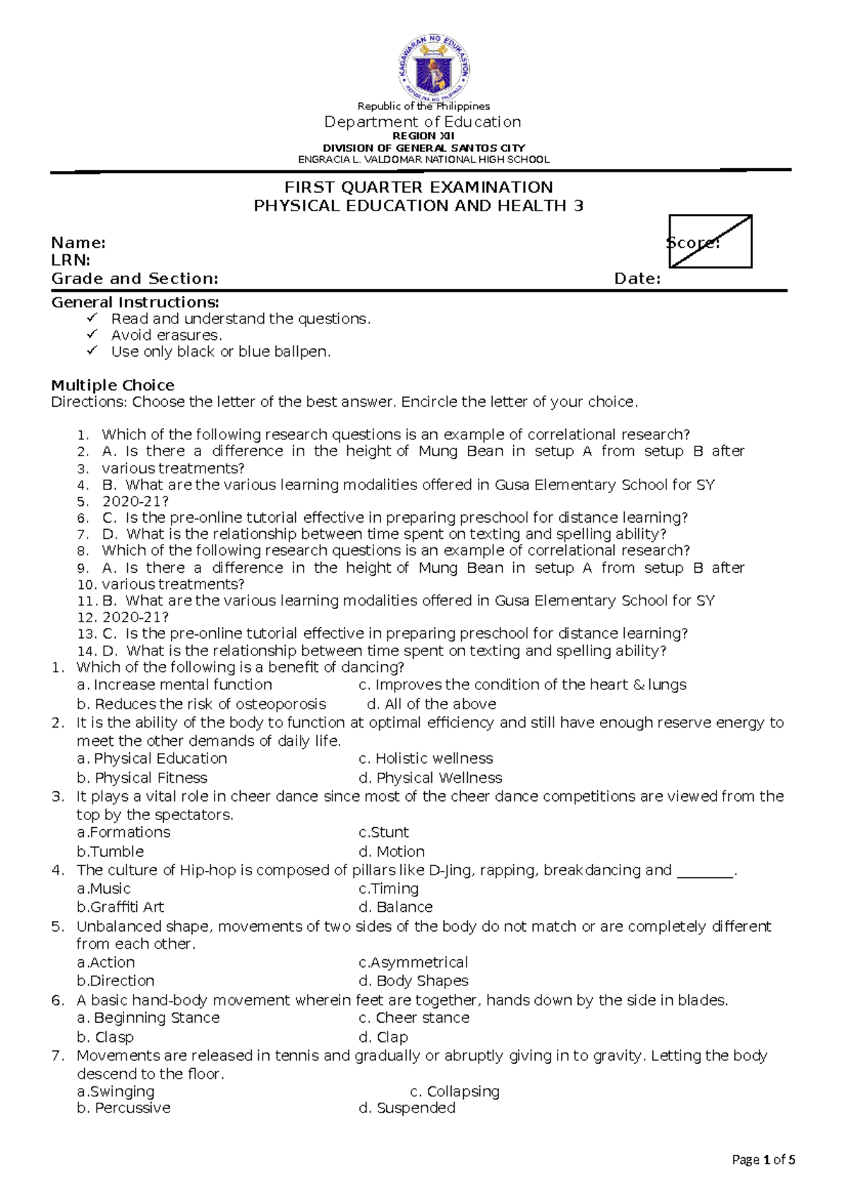 Final Quarter 1 Exam PE - PHYSICAL EDUCATION AND HEALTH - Republic of ...