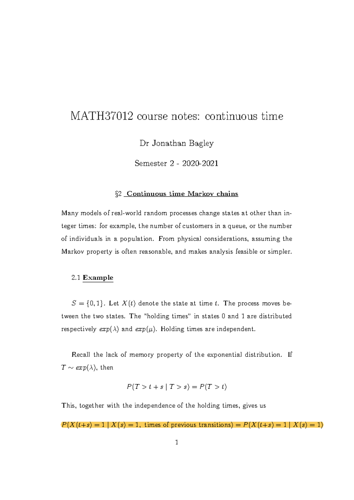 Continuous-part - MATH37012 course notes: continuous time Dr Jonathan ...