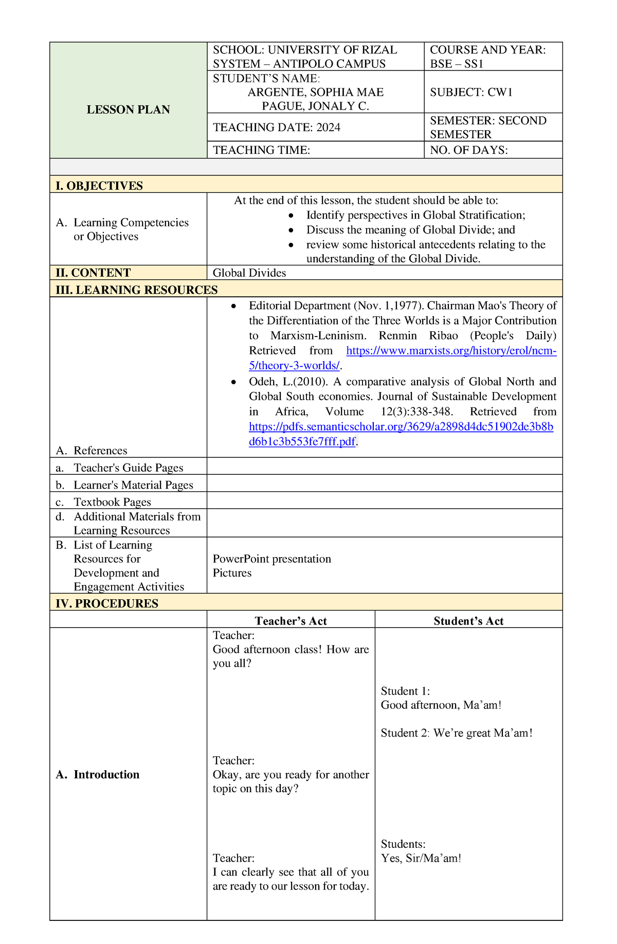 Global Divides - TCW - LESSON PLAN SCHOOL: UNIVERSITY OF RIZAL SYSTEM ...