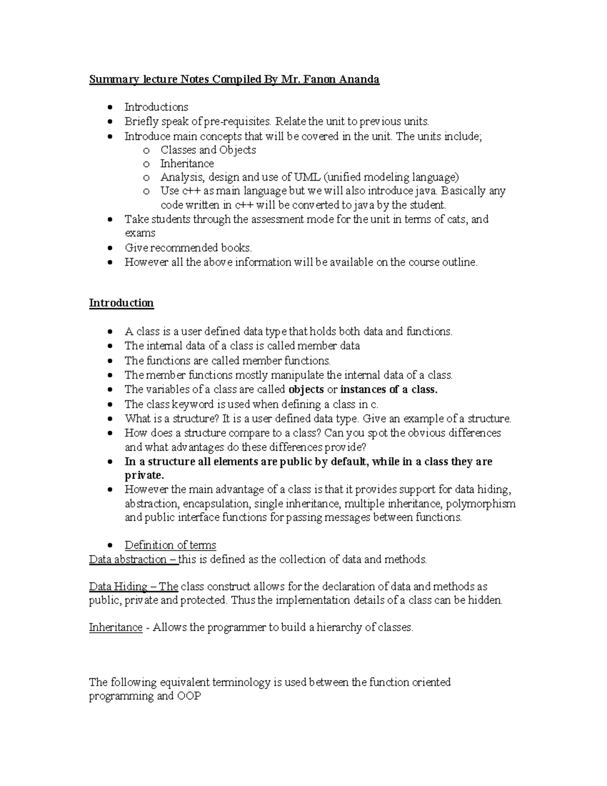 OOP Class notes - Summary lecture Notes Compiled By Mr. Fanon Ananda ...