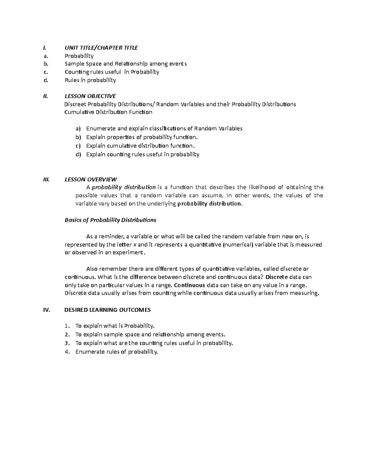 Engineering Data Analysis- Probability - I. UNIT TITLE/CHAPTER TITLE a ...