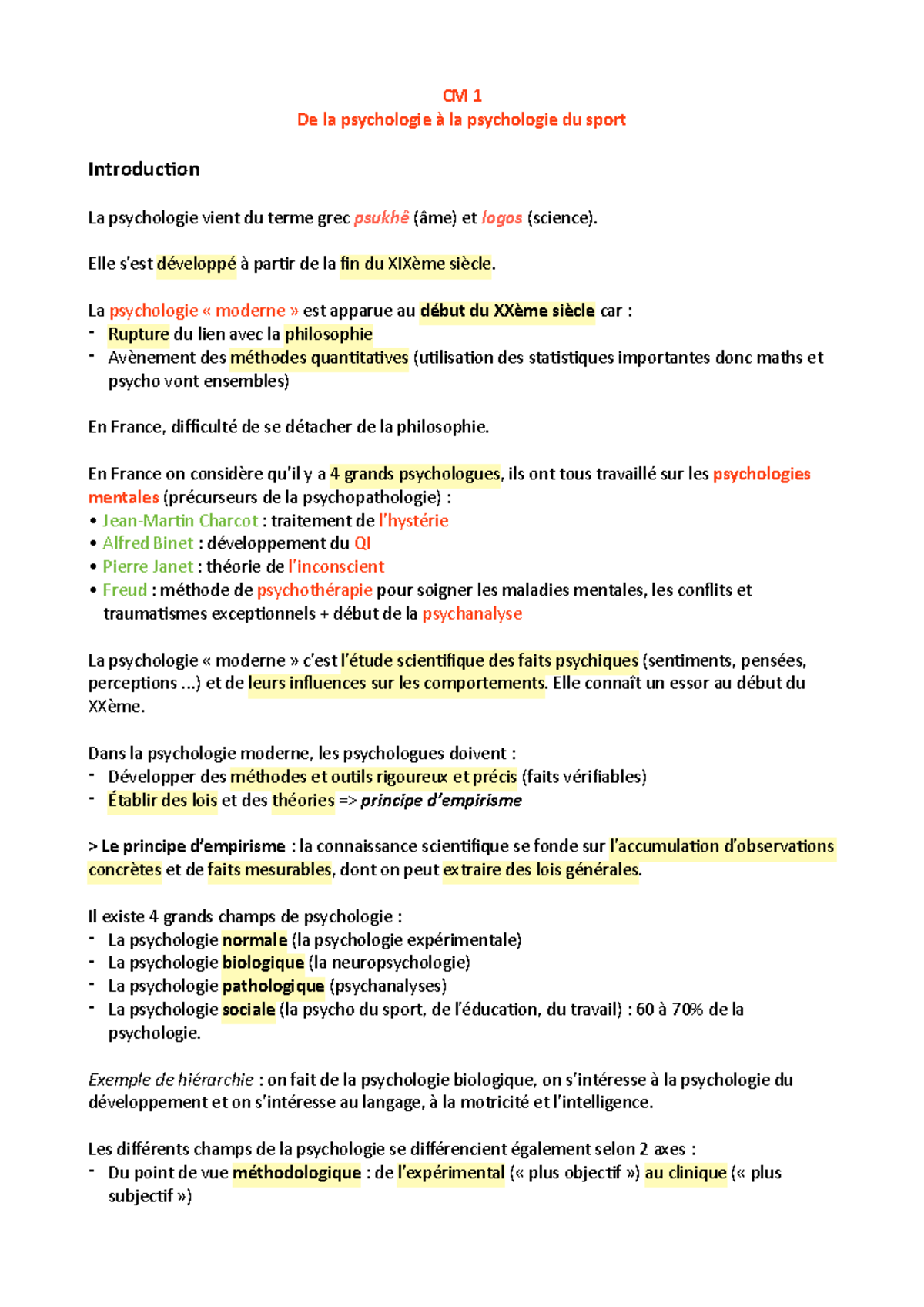 CM 1 introduction - CM 1 De la psychologie à la psychologie du sport ...